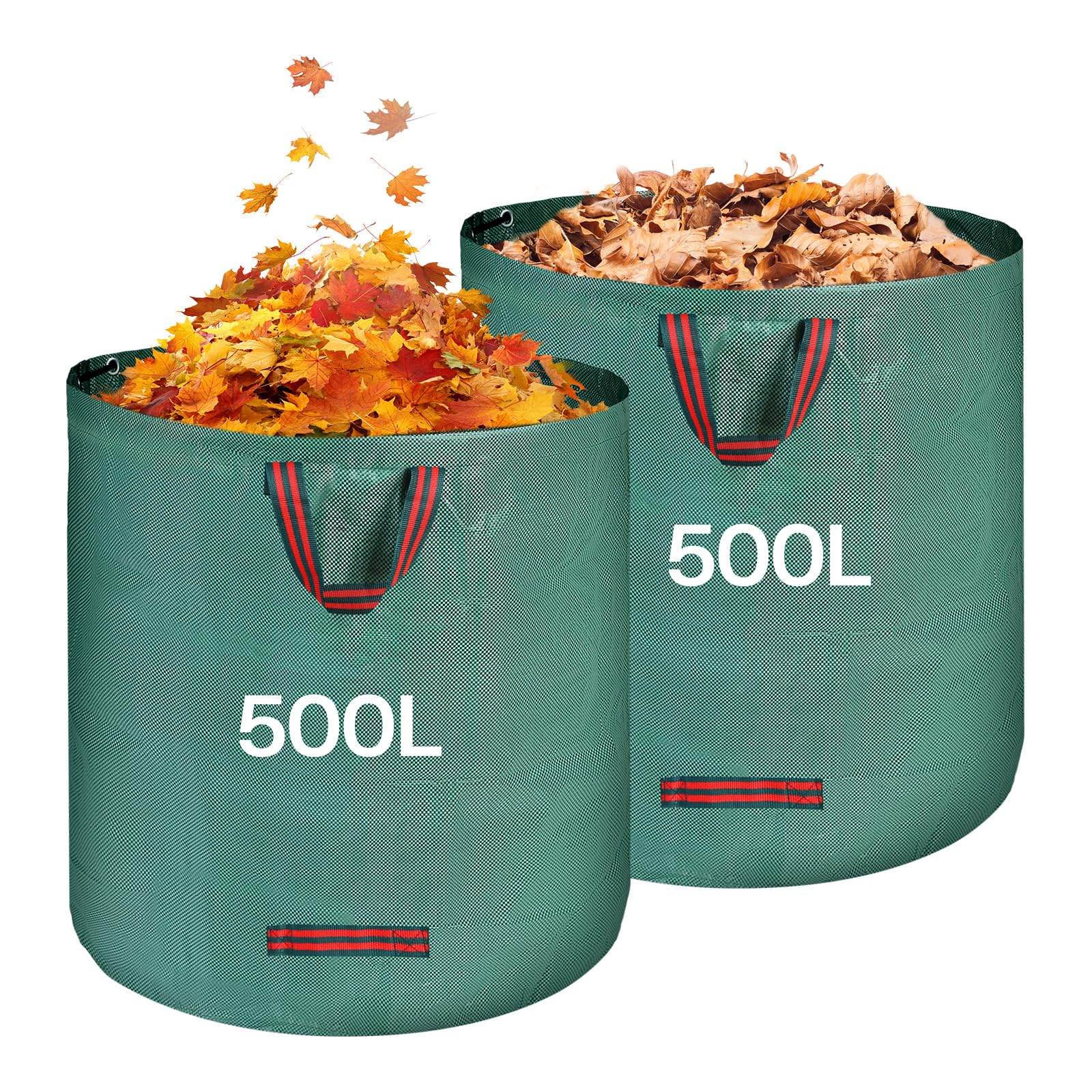 Sacos de Jardín 2X 500L - Bolsas de Basura con Asas, Gran Capacidad, Plegables y Reutilizables - Bolsas de Jardinería para Recoger Plantas, Residuos y Hojas