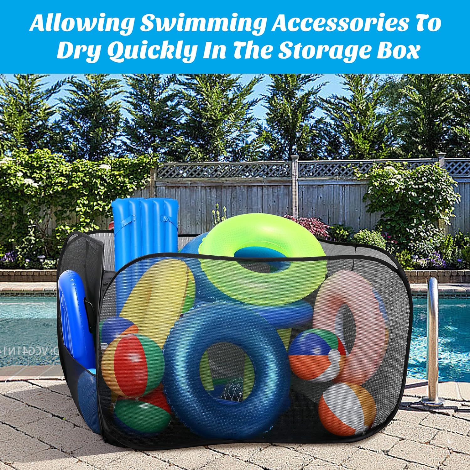 Adnee Pool Toy Storage Bin-47'' x 47'' x 31'' Nylon Mesh Pool Organizer with Side Pocket-300 Gallon Quick Drying Pool Storage for Float, Beach Balls,Towel and Other Swimming Accessories