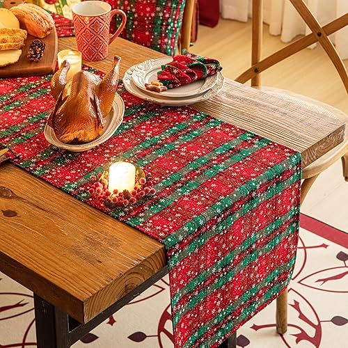 Miniatura 2 de Camino de mesa de Navidad a cuadros rojos y verdes, camino de mesa de copo de nieve de vacaciones de invierno de 72 pulgadas de largo, decoraciones