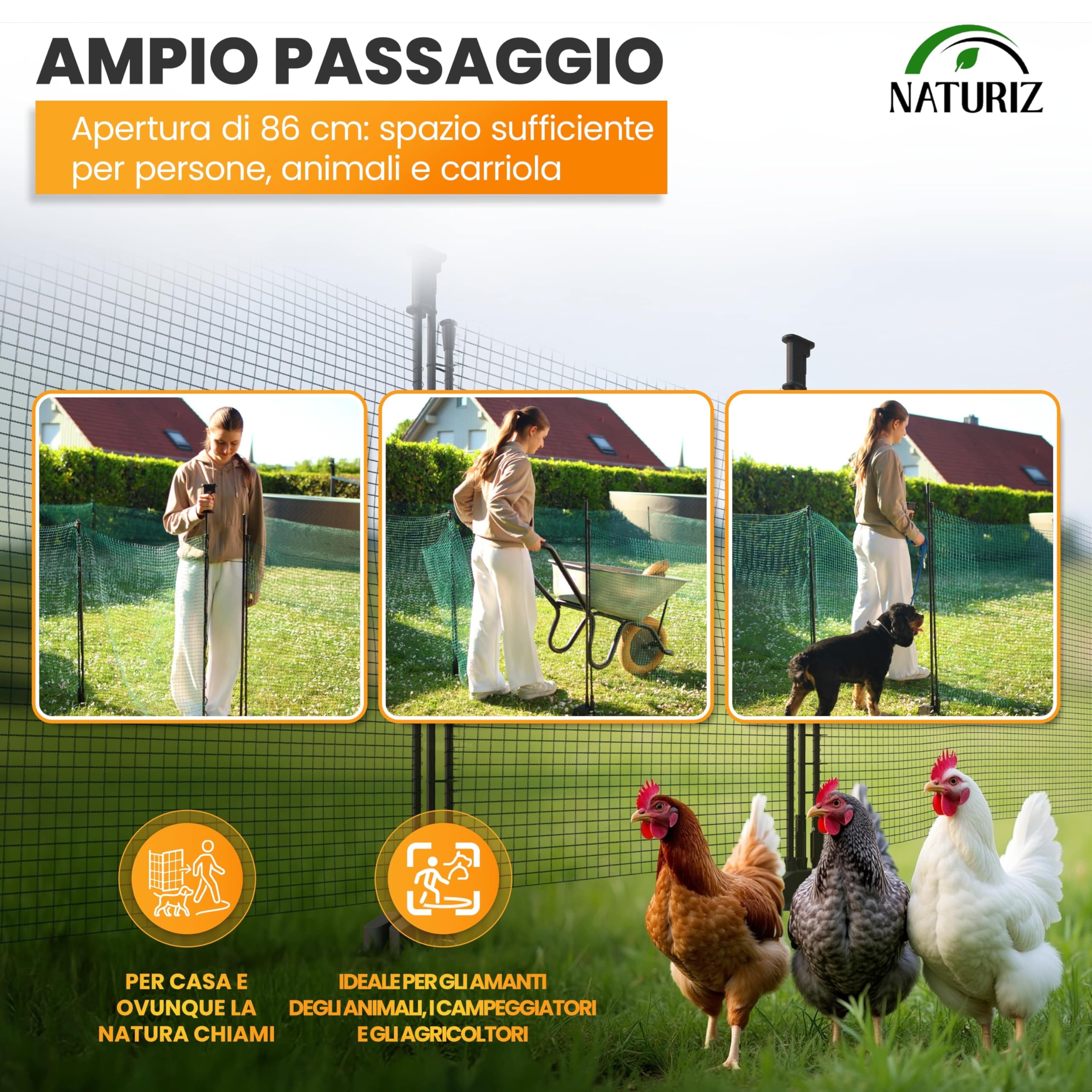NATURIZ Recinzione cancello con apertura con una sola mano – cancello mobile per campeggio, giardino e pascolo – porta di vimini con montaggio e smontaggio rapido, senza elettricità