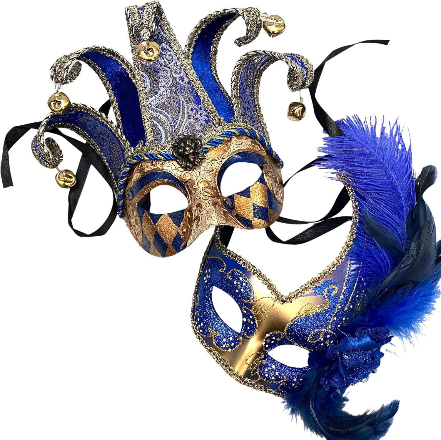 Couples Masquerade Jolly Jester Mask Cosplay Mardi Gras Prom Dance Birthday Party Wear or Deco (Blue Gold)