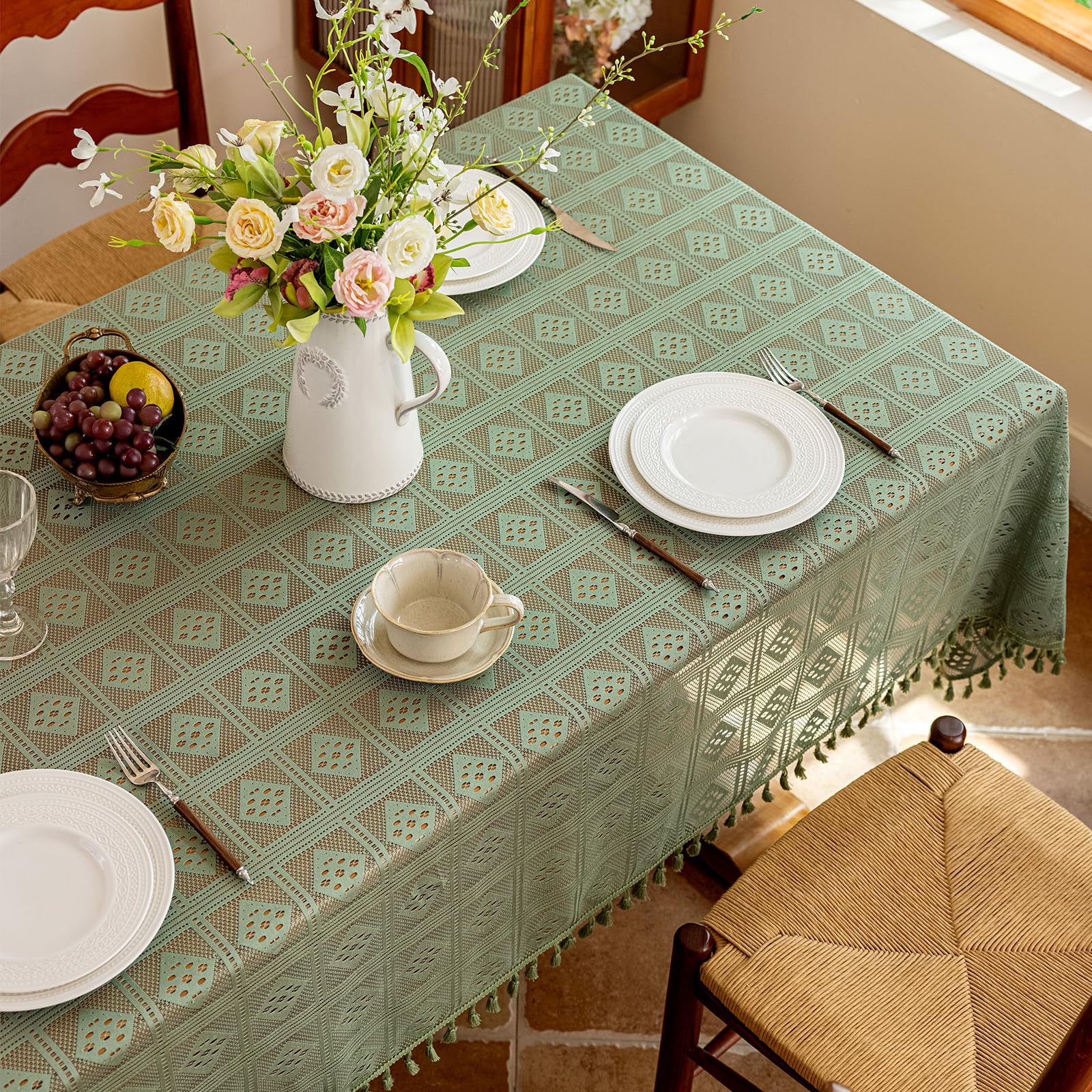 Mantel de Encaje con borlas, Cubierta de Mesa geométrica Boho | Mantel Rectangular de Encaje para Fiesta de Té Rústica de Otoño, Recepción, Decoración del Hogar, Comedor Formal