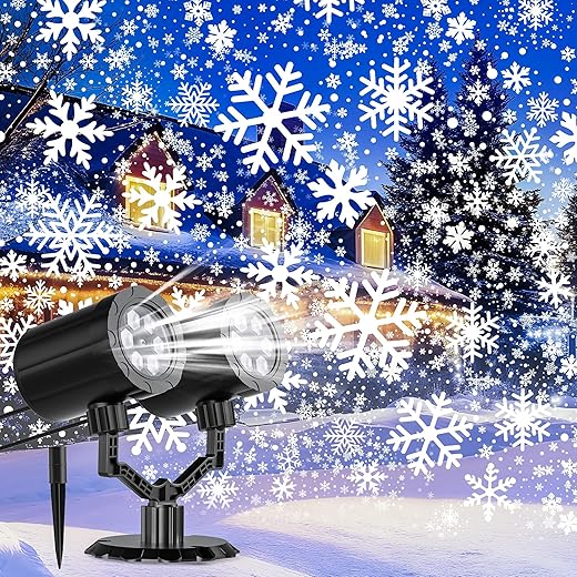 Christmas Projector Lights Outdoor, GUSODOR Dynamic Snowflake Projector IP65 Waterproof 360°Rotating LED Projection Lights for Indoor Outdoor Christmas Decoration, Holiday, Yard Decor-Dual-Head B