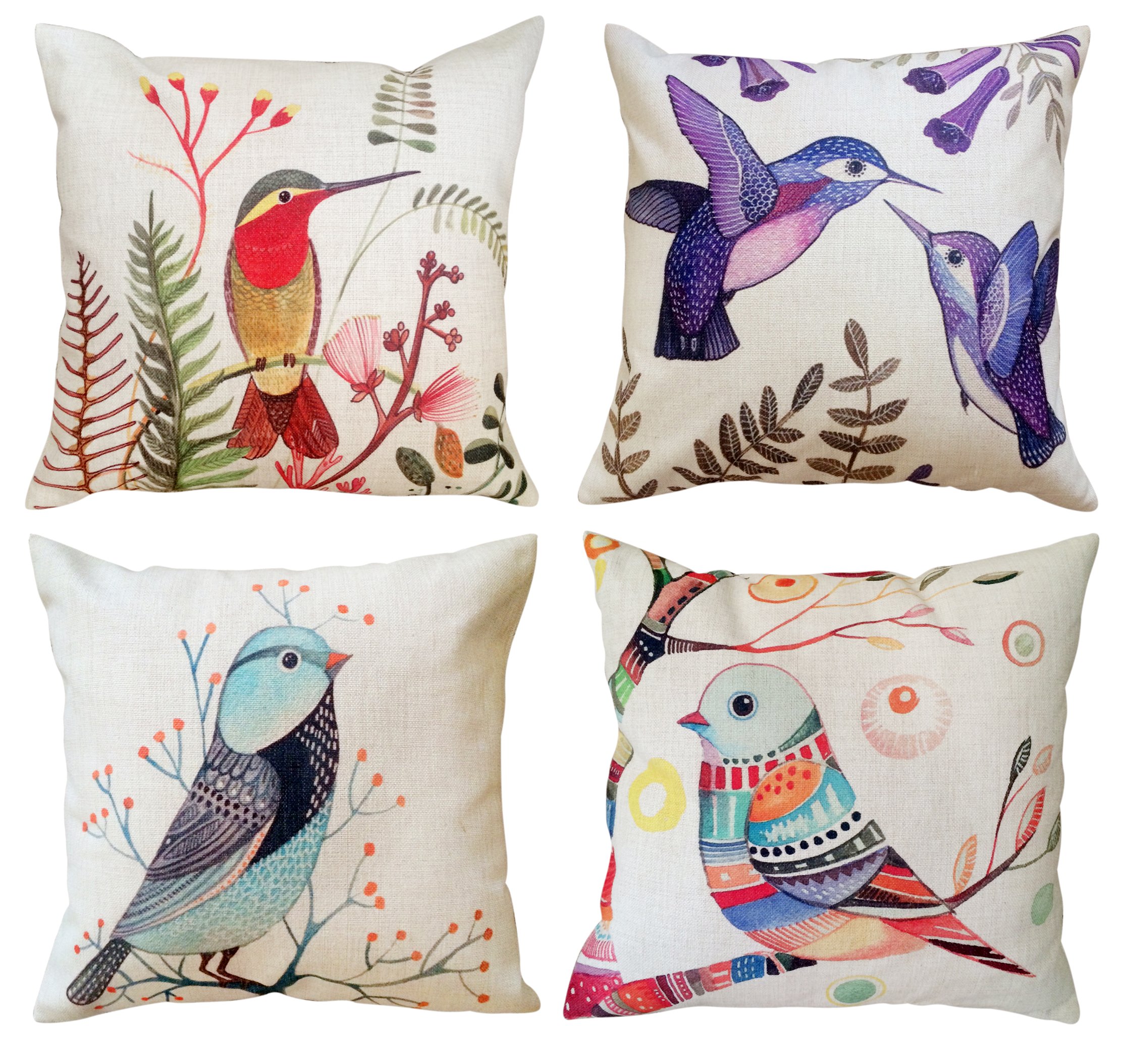 Decorative Cushion Covers Set Of 4 By Two Magpies - Soft Cotton & Linen Throw Pillow Covers - Modern Exotic Birds Painting Prints - Variety Of Vivid Colours - 18x18’’/45x45 - Home, Office & Bar Décor
