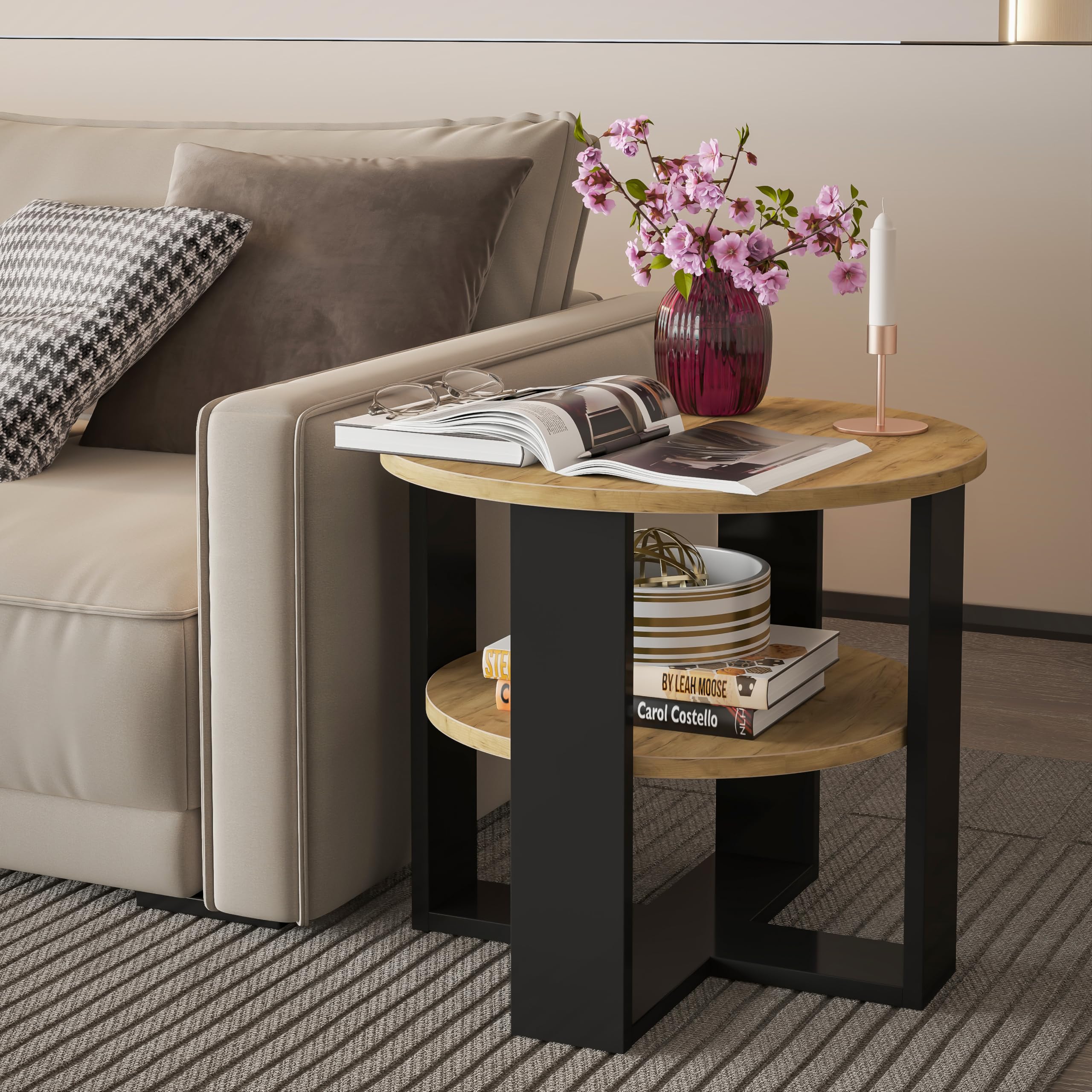 defiPad Table Basse Ronde Ø53 cm – Table d’appoint Bout de canapé avec étagère, 2 Niveaux, Meuble de Salon Moderne, Noir et chêne, Design Industriel, fabriquée en UE