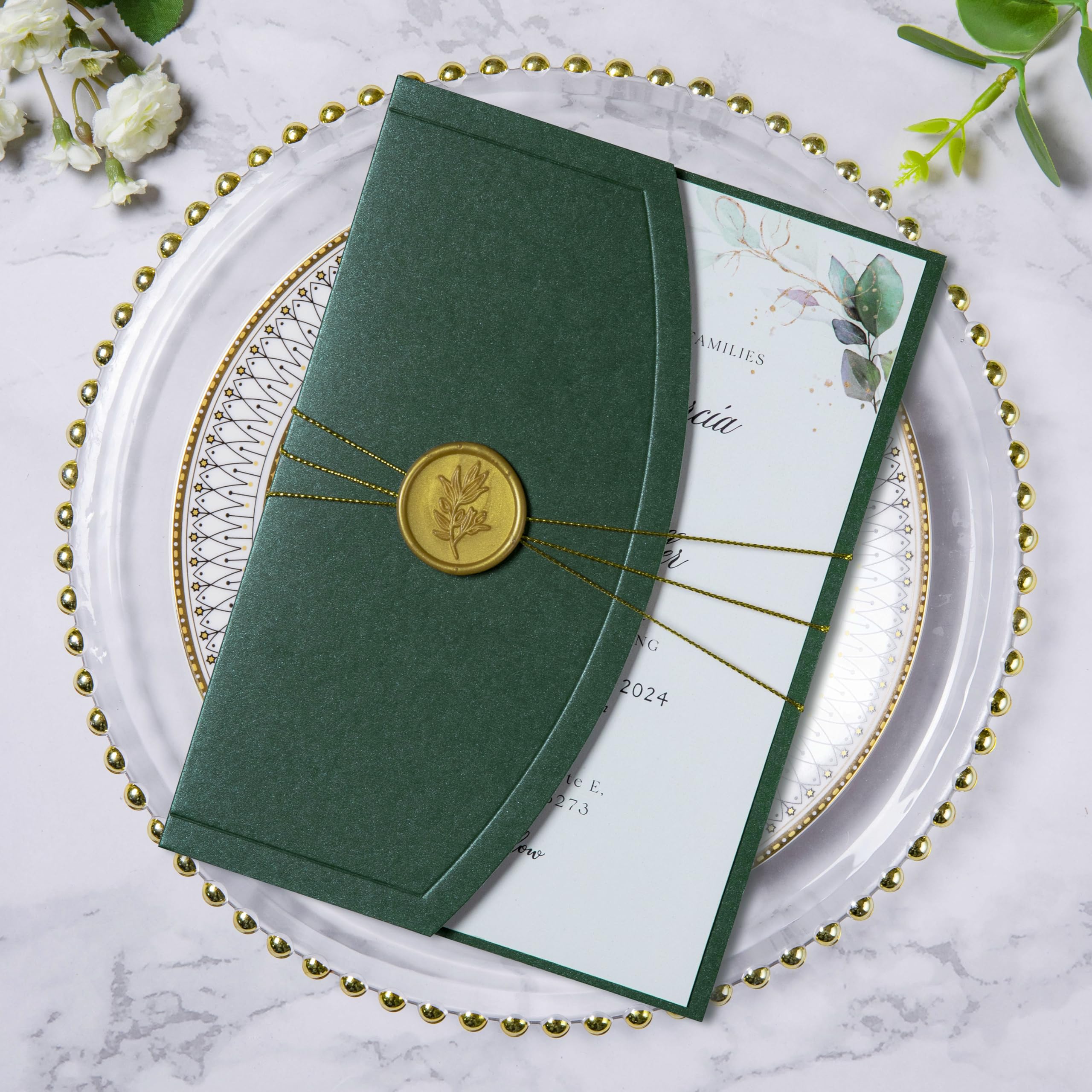 PONATIA 20PCS Wedding Invitation Cards Kits - 5x7 Wrap Pocket Invitation Cards with Envelopes, Gold Wax Seals, Ribbons For Weddings, Baby Shower,