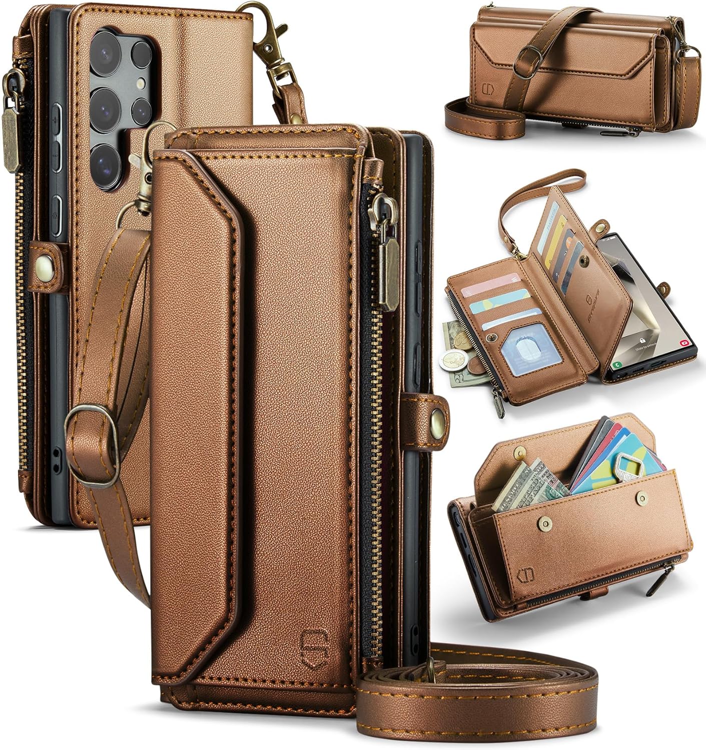 Strapurs Wallet Case Compatible with Samsung Galaxy S24 Ultra 5G RFID Blocking 10-Card Holder Soft PU Leather Magnetic Snap Strap Zipper Pocket Phone Case Fit for Galaxy S24 Ultra - Brown