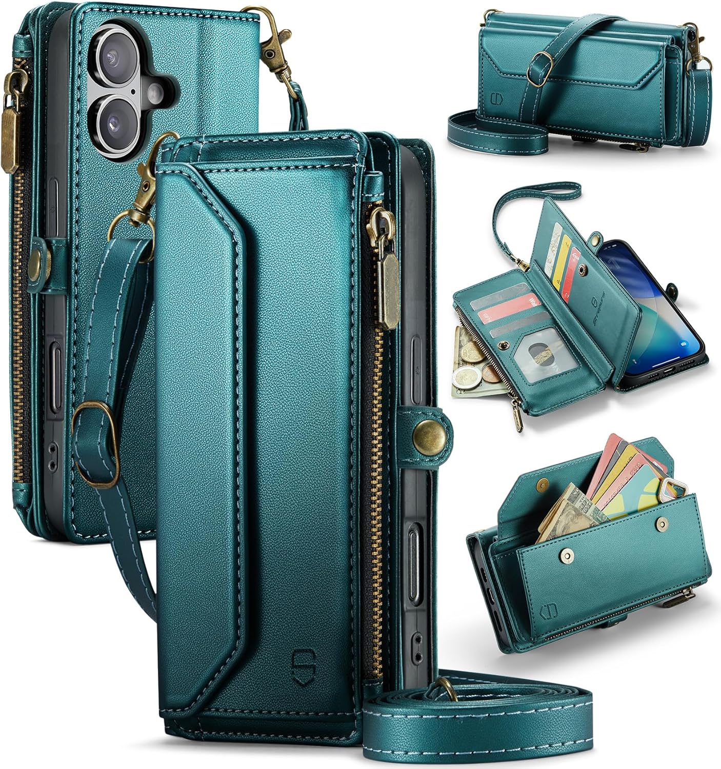 Wallet Case Compatible with iPhone 17 6.3″ RFID Blocking 9-Card Holder Soft PU Leather Magnetic Snap Shoulder Strap Zipper Pocket Phone Case Fit for iPhone 17 for Women – Blue Green Wallet Case Compatible with iPhone 17 6.3″ RFID Blocking 9-Card Holder Soft PU Leather Magnetic Snap Shoulder Strap Zipper Pocket Phone Case Fit for iPhone 17 for Women – Blue Green