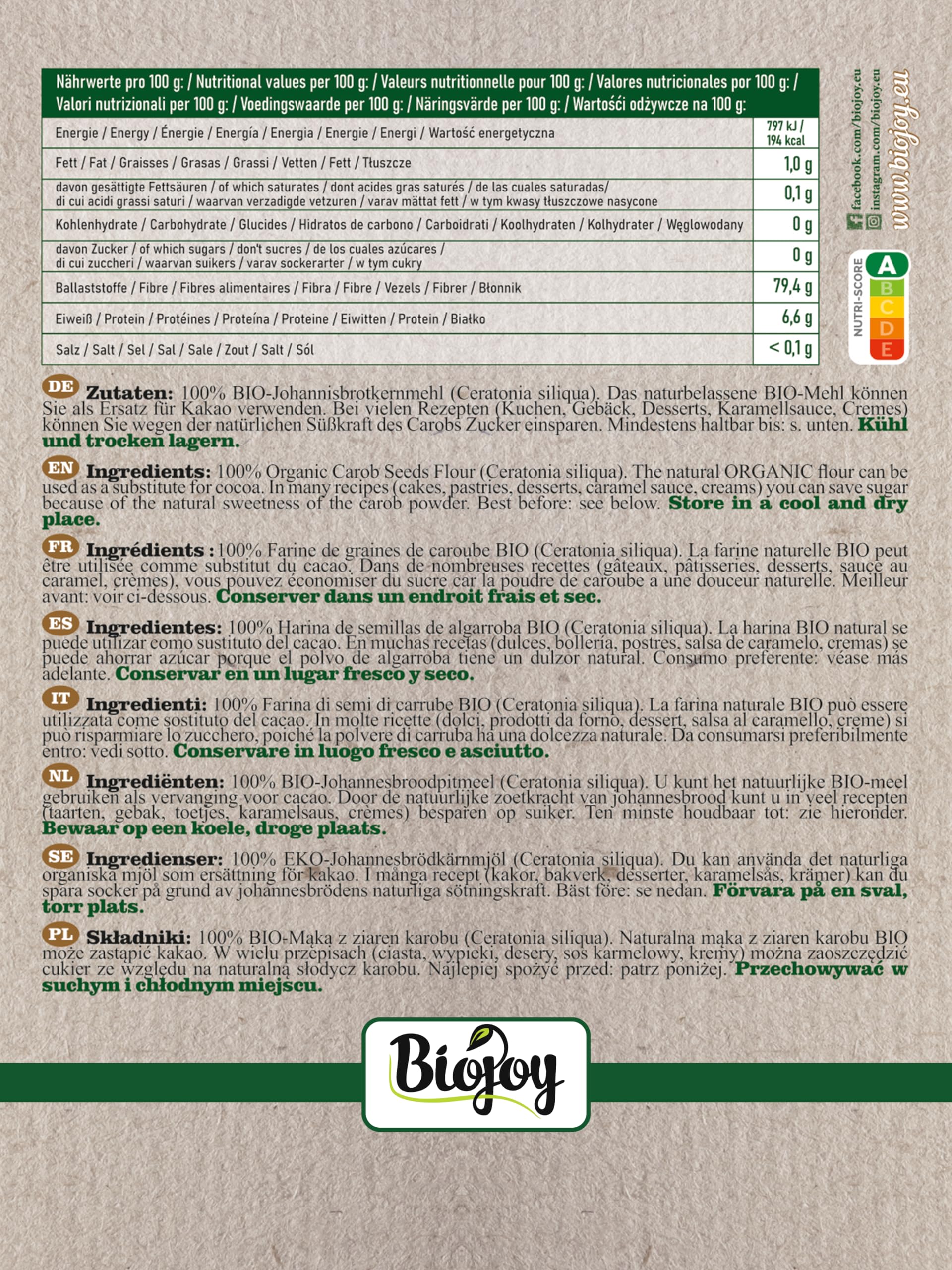 Biojoy Organiczna Mąka z ziaren karobu (Ceratonia siliqua) (500 g)