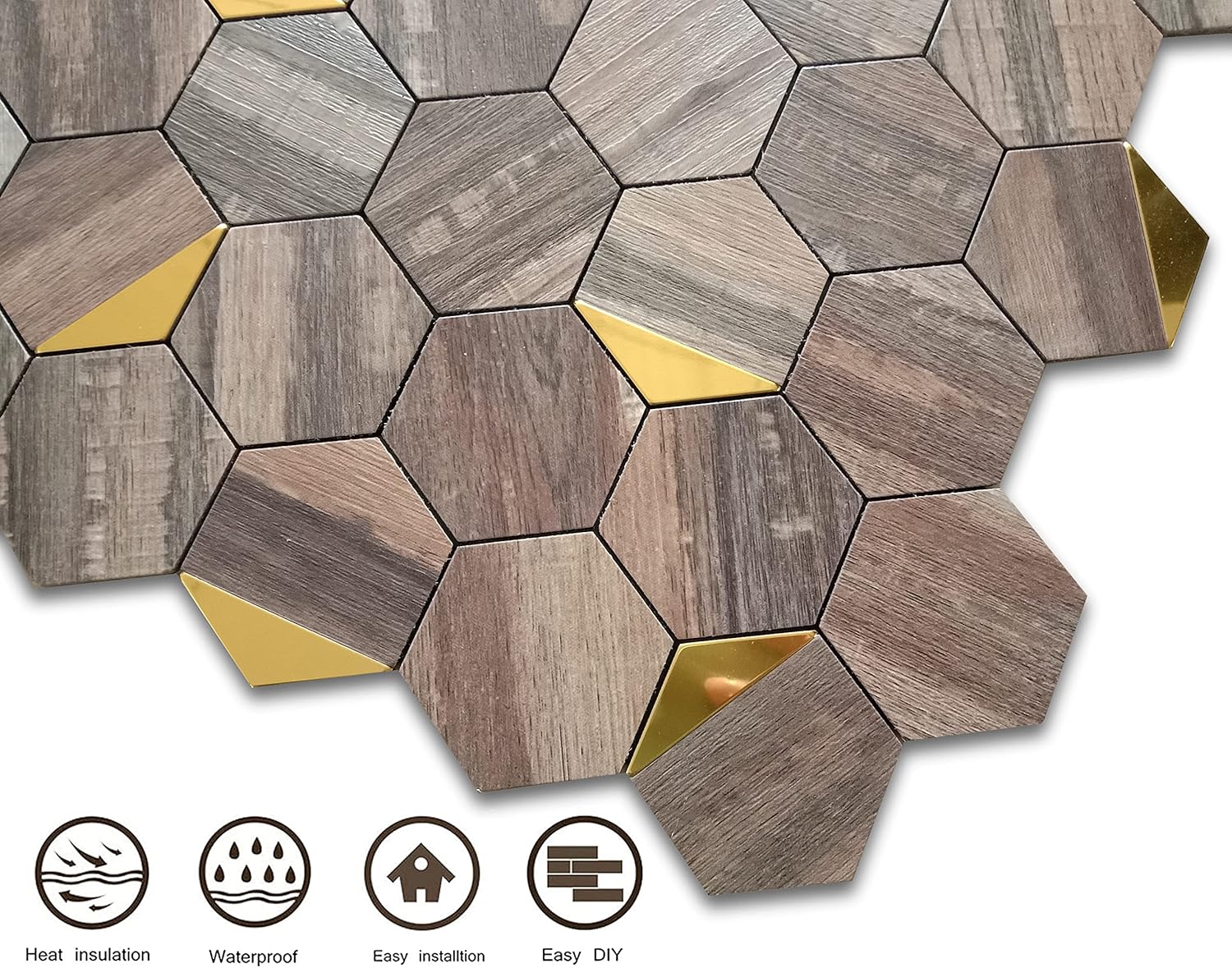 YMMXGE 10-Sheet Peel and Stick Backsplash PVC Wall Tile for Kitchen, Bathroom ，Self Adhesive Hexagon Aluminum Sticker 12"x10.4"x0.15" (10, Brown Wood & Gold)