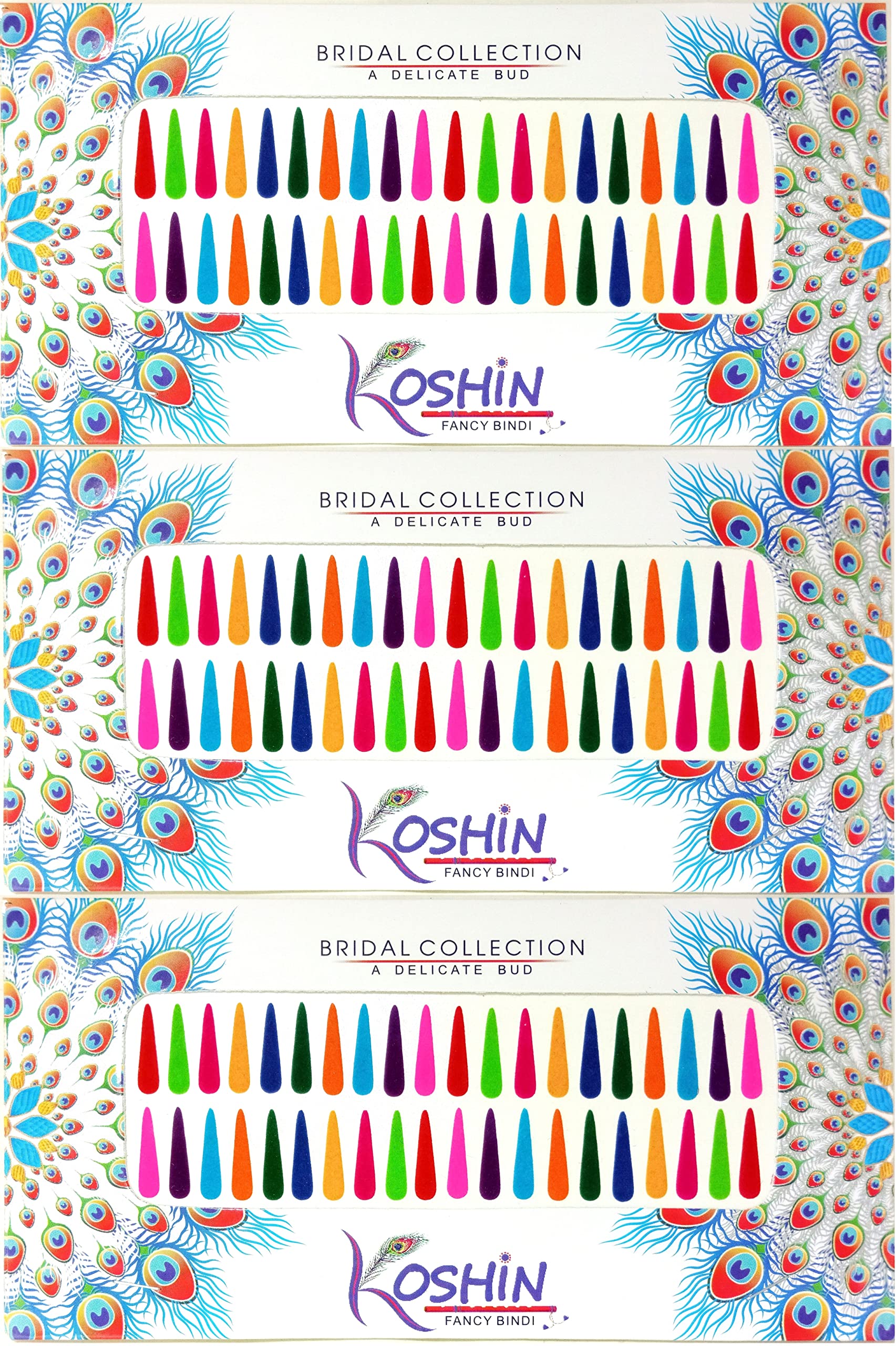 KOSHIN Multicolor Tilak Long Size Per Bindi Height 1.8cm Forehead Bindi For Women Girl Ladies Pack of 3 - Lightweight Fabric | Multicolor Plain KumKum Bindi | Tilak | Tikli | Pottu | Dot | Combo Pack