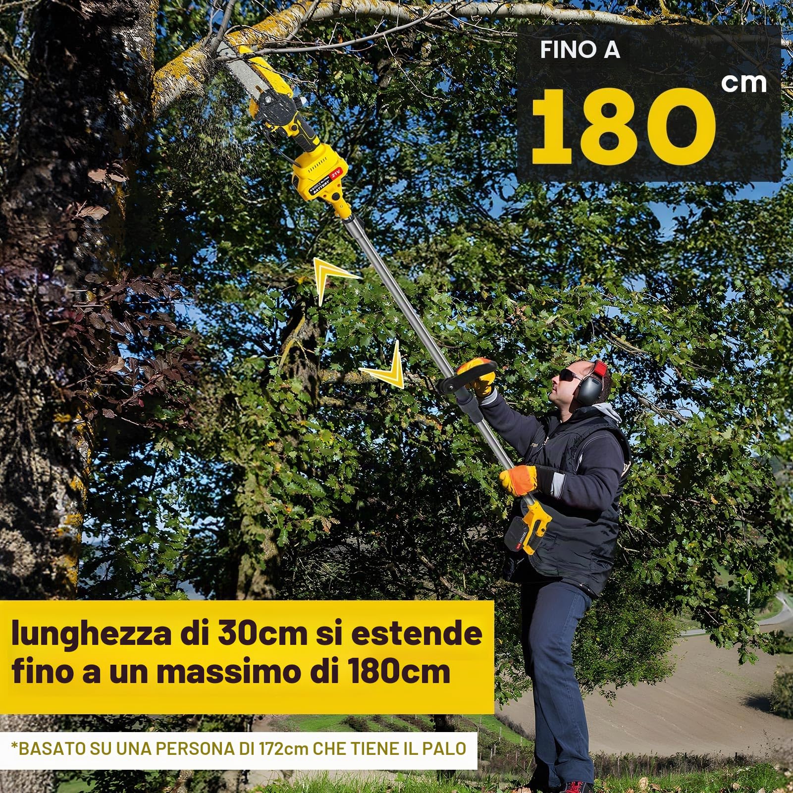 Sega a palo elettrico senza fili per potatura di alberi da giardino, motosega di estensione telescopica con batterie e motore spazzole 2x1500mAh, potenza 550 W, giallo