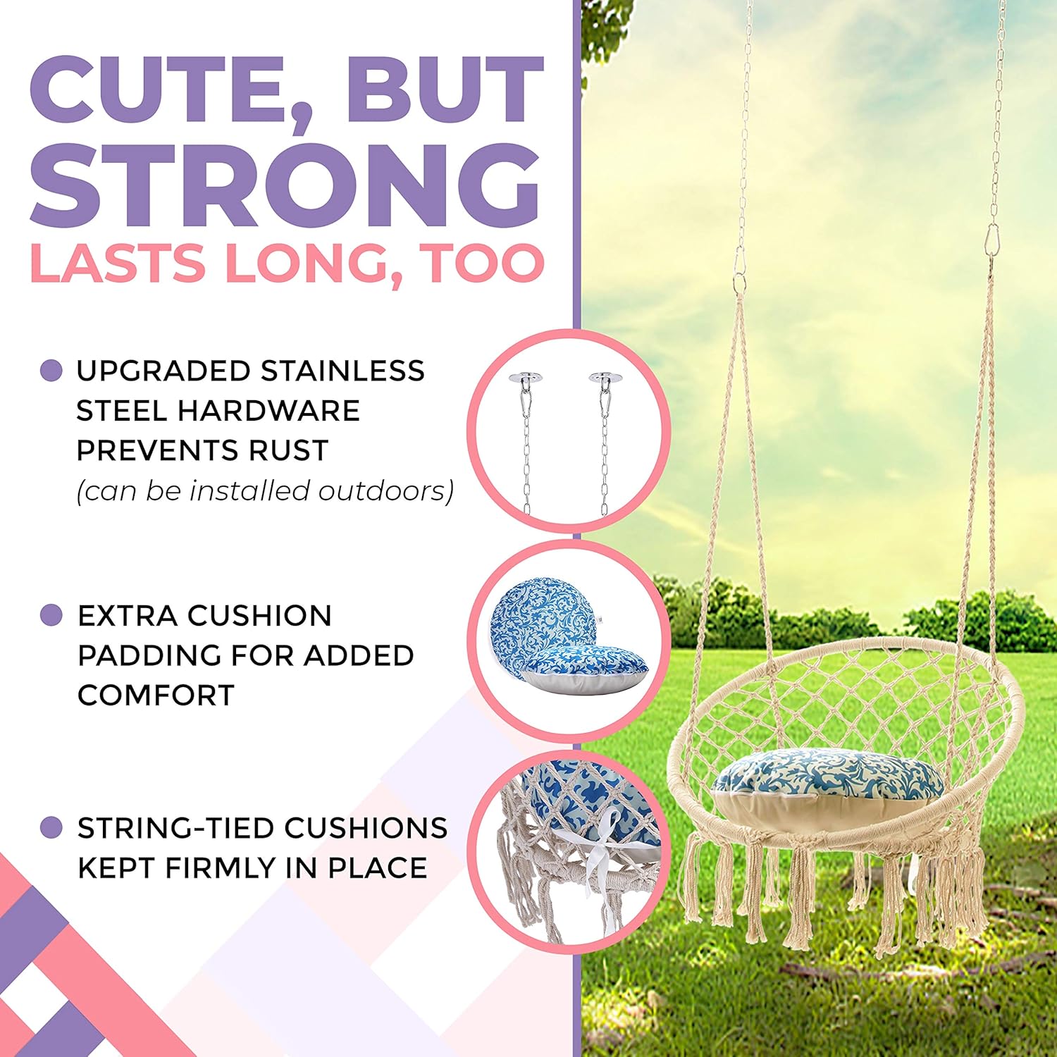 Frее Shірріng оƒƒеr Hanging Hammock Chair For Bedrooms Teen Girl Indoor Swing Rope Chair | Boho Swing Chair For Teens & Adults | Ceiling Swinging Chair Includes Cushion and Lights Upgraded Hardware UV Protection