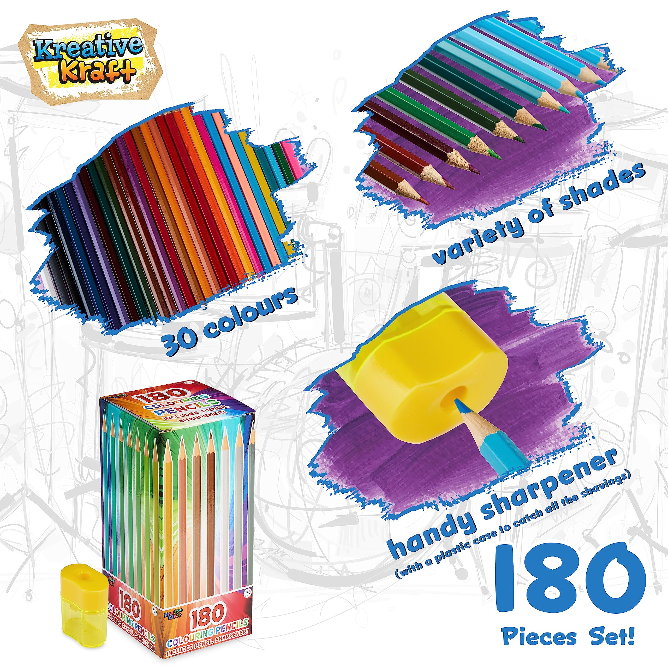 KreativeKraft Matite Colorate - 180 Colori per Bambini con Temperino e Serbatoio, Kit per Disegnare e Colorare, Scatola Pastelli Assortiti