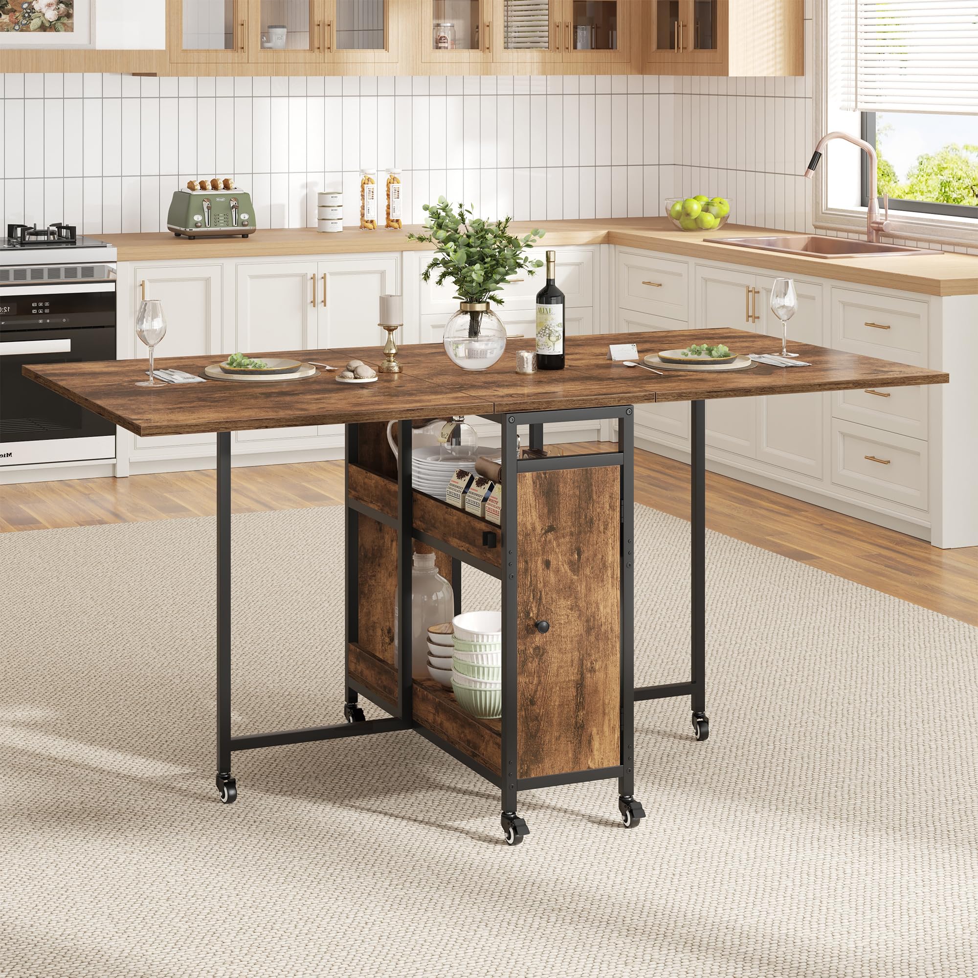 HSH Klappbarer Esstisch Klapptisch Küche Mit Stauraum für Küche Küchentisch Klappbar mit 2 Regalen und Rollen Mobiler Tish Platzsparender für Wohnzimmer Wohnung Rustikales Braun 130cm
