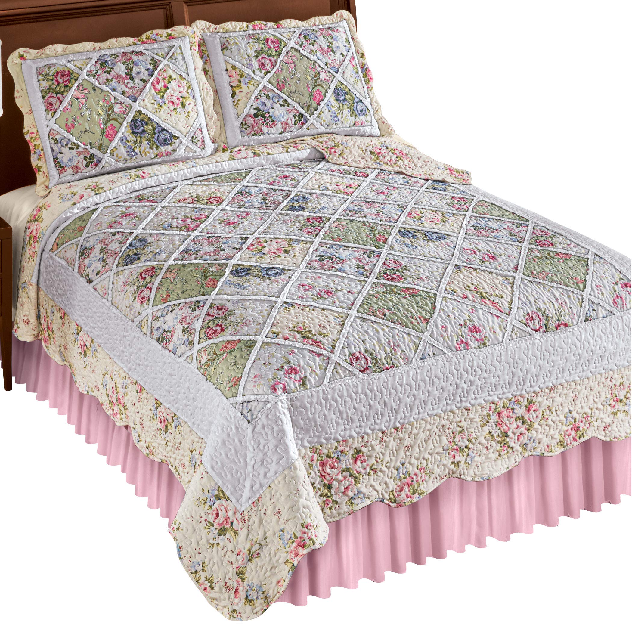 Diamond Patchwork Enchanted Garden Quilt with Ruffled Edges - Floral Print Along Scalloped Edges - Machine Washable - Polyester