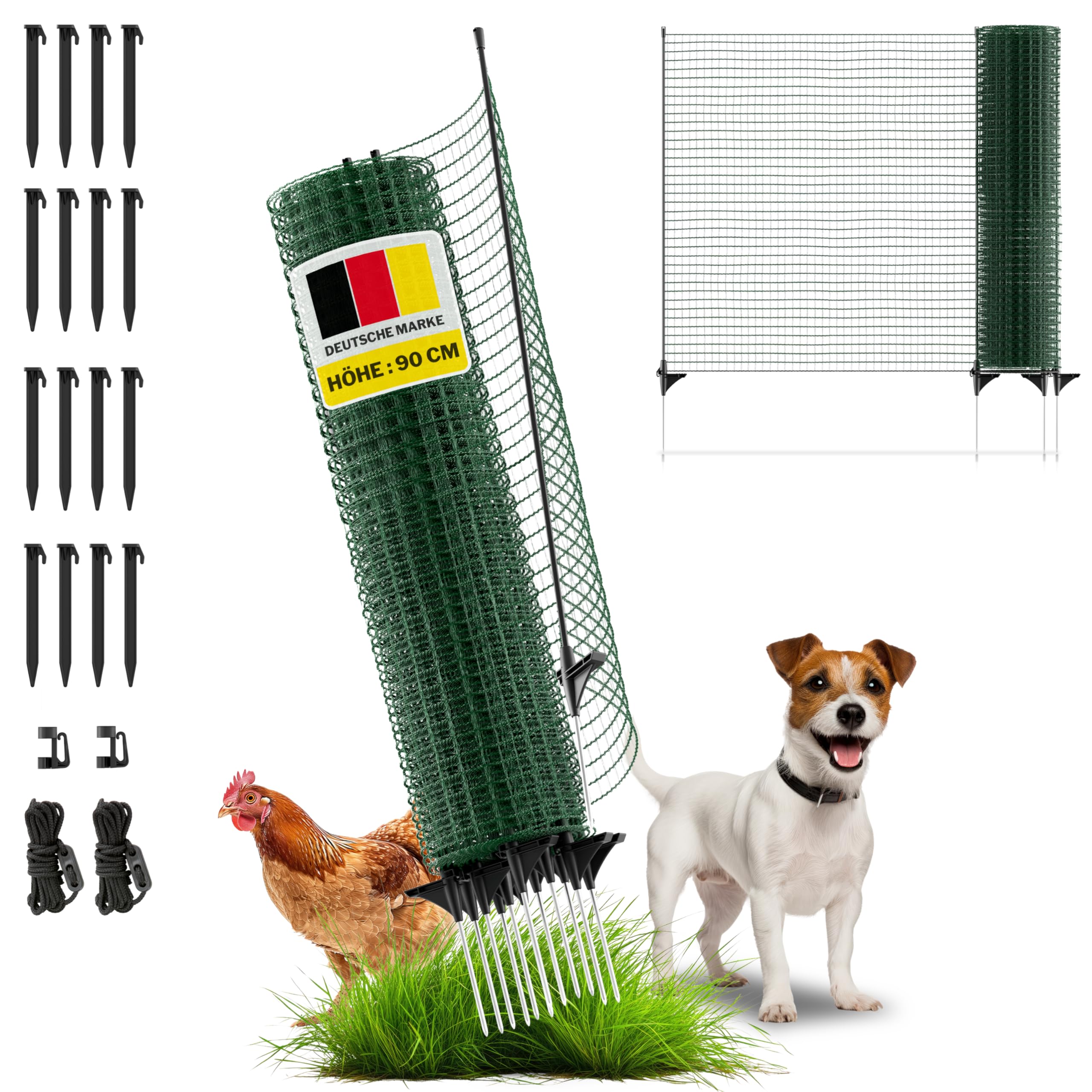 horizont Hundezaun & Hühnerzaun 15 m x 90 cm, 9 Pfähle – Begrenzungszaun FIX – Gartenzaun zum Stecken / Weidezaun – Mobiler Zaun für Hunde & Camping