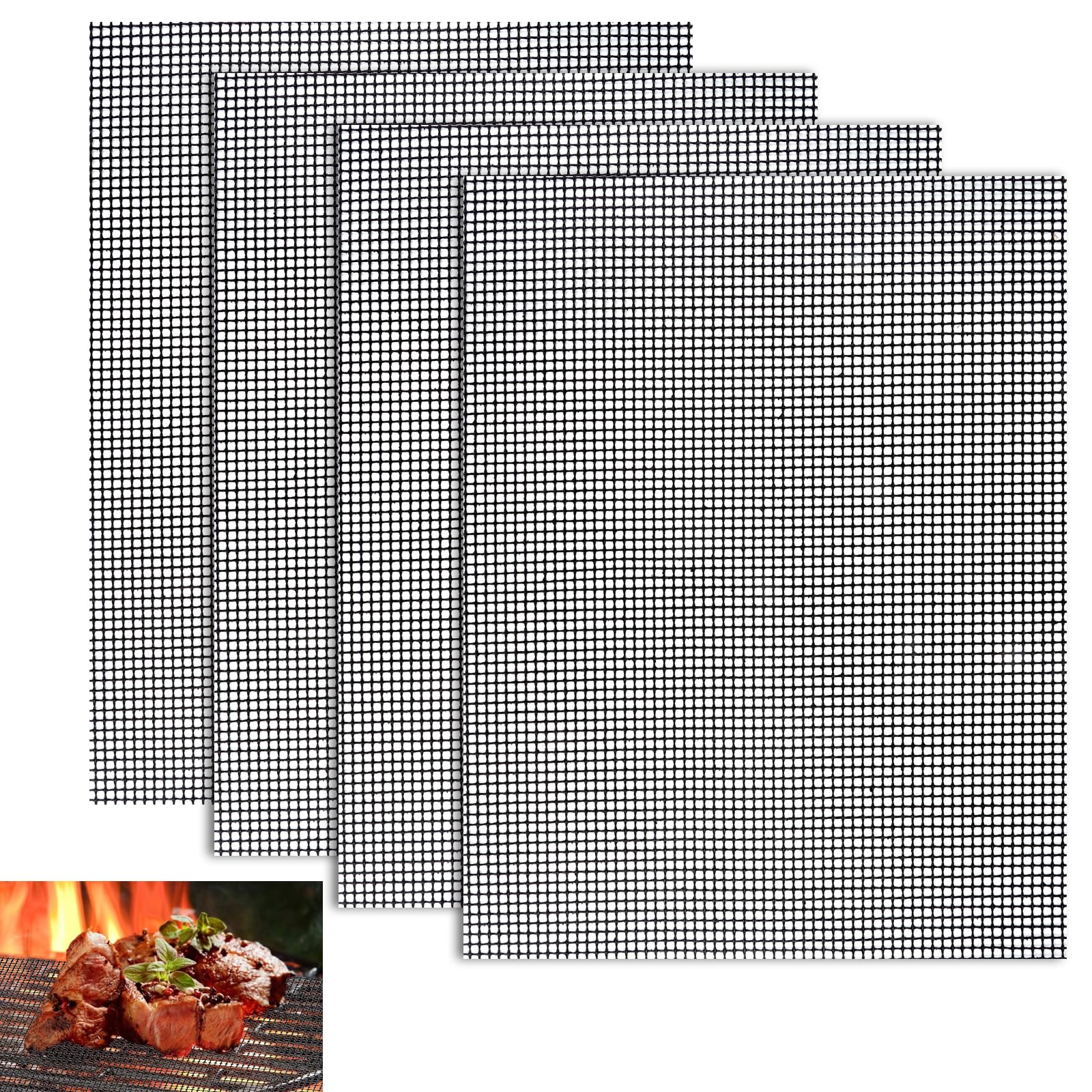 Grillmatte 40 × 30 cm, 4 Stück Antihaft Grillgitter in Schwarz, Wiederverwendbar, Hitzebeständig Grillmatte für Gasgrill, Holzkohle, Elektrogrill, Luftfritteuse