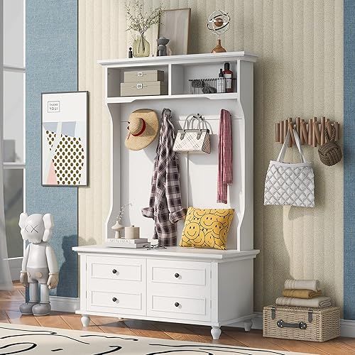 Merax Perchero de pasillo con banco de almacenamiento 2 estantes grandes y 4 ganchos de metal para sala de estar entrada color blanco