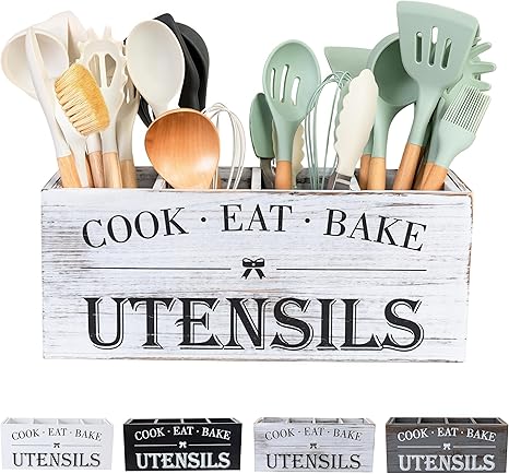Utensil Holder,Extra Large Wooden Utensil Holder For Kitchen Counter,Cooking Spatula Organizer,Big Storage Caddy With 4 Compartments Flatware Spoon Tool Cutlery(Retro White)