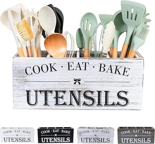 Utensil Holder,Extra Large Wooden Utensil Holder For Kitchen Counter,Cooking Spatula Organizer,Big Storage Caddy With 4 Compartments Flatware Spoon Tool Cutlery(Retro White)
