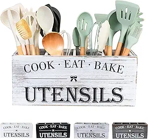 Utensil Holder,Extra Large Wooden Utensil Holder For Kitchen Counter,Cooking Spatula Organizer,Big Storage Caddy With 4 Compartments Flatware Spoon Tool Cutlery(Retro White)