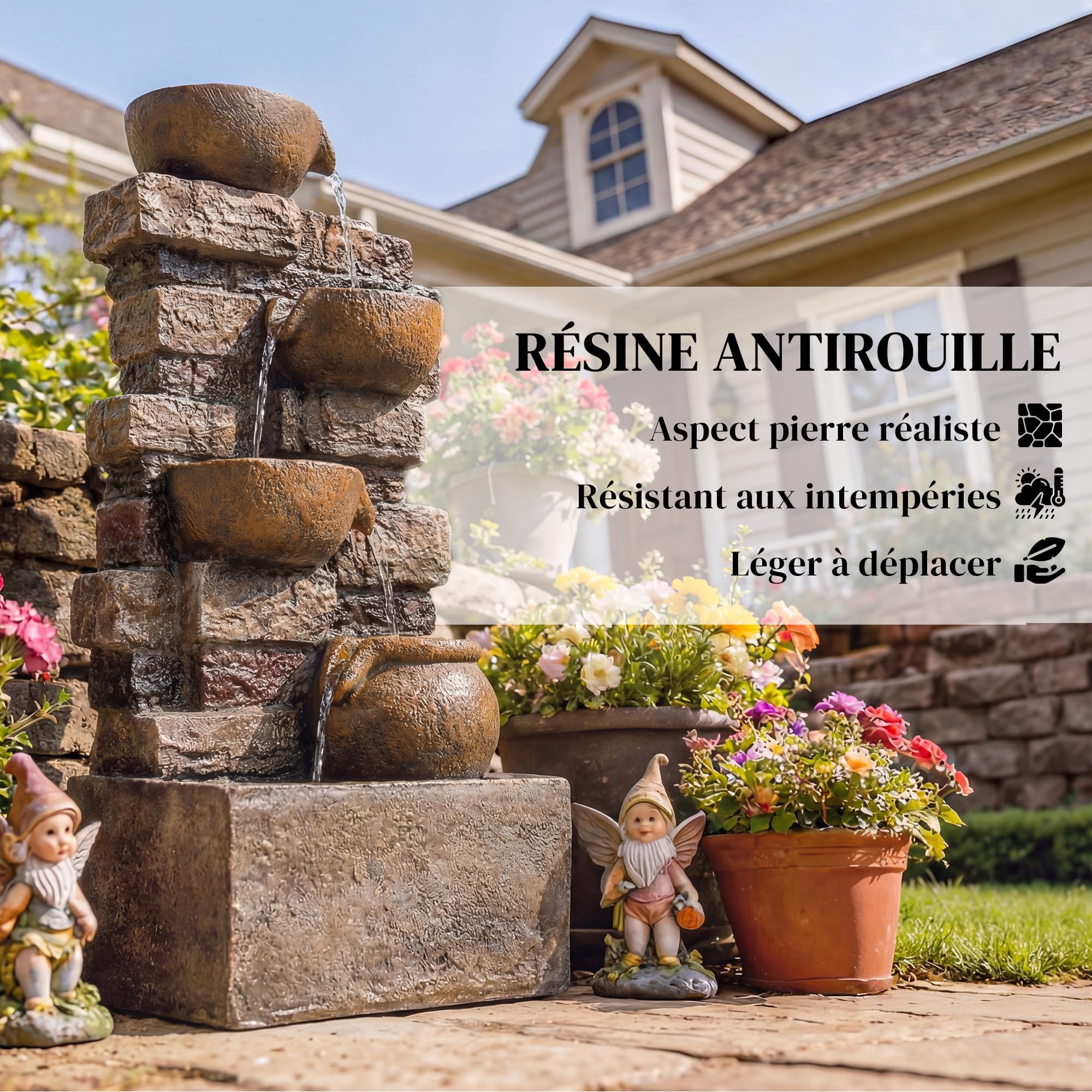 Outsunny Fontaine Extérieure 72 cm avec 5 Niveaux de Pichets Rustiques et Design Roche, Cascade Moderne avec Lumières LED, Débit Réglable, Fontaine de Jardin Autoportante en Résine, Marron Rustique