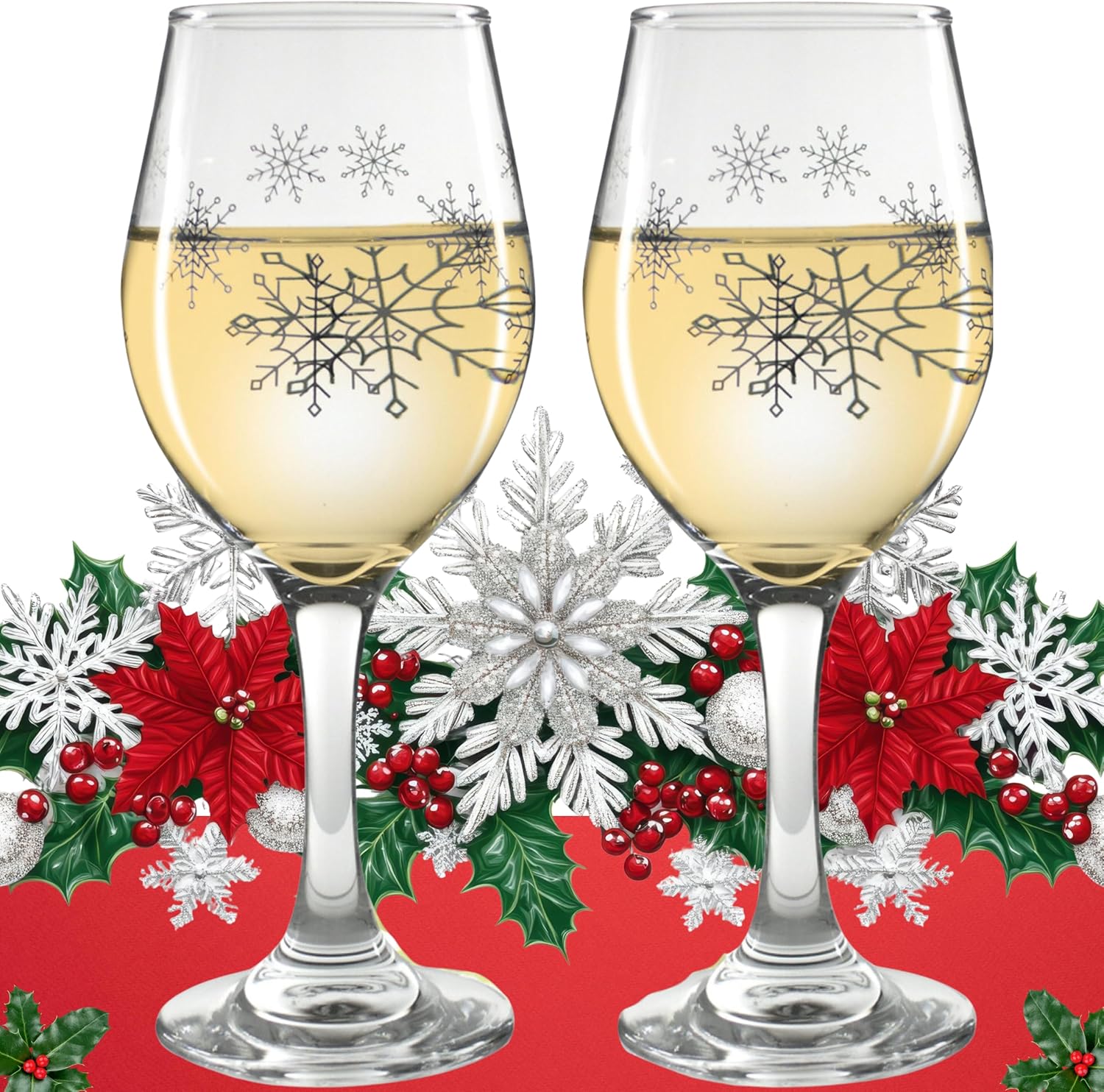 Snowflake Wine Glasses - Stemmed Wine Glasses with Silver Snowflake Designs Printed on each Side - Set of 2-7.75" H - 12 oz Capacity - Image 3