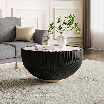 Black Round Coffee Table with Sintered Stone Tabletop, 27.56" Drum Coffee Table with Fluted PU Leather Covered and Metal Base, Circle Cocktail Tea Table for Living Room