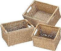 Vista 18 de Cesta de hierba marina natural con mango de madera, cesta de mimbre rectangular mediana para sala de estar, 12.2 x 8.9 x 6.7 pulgadas, paquete de 3