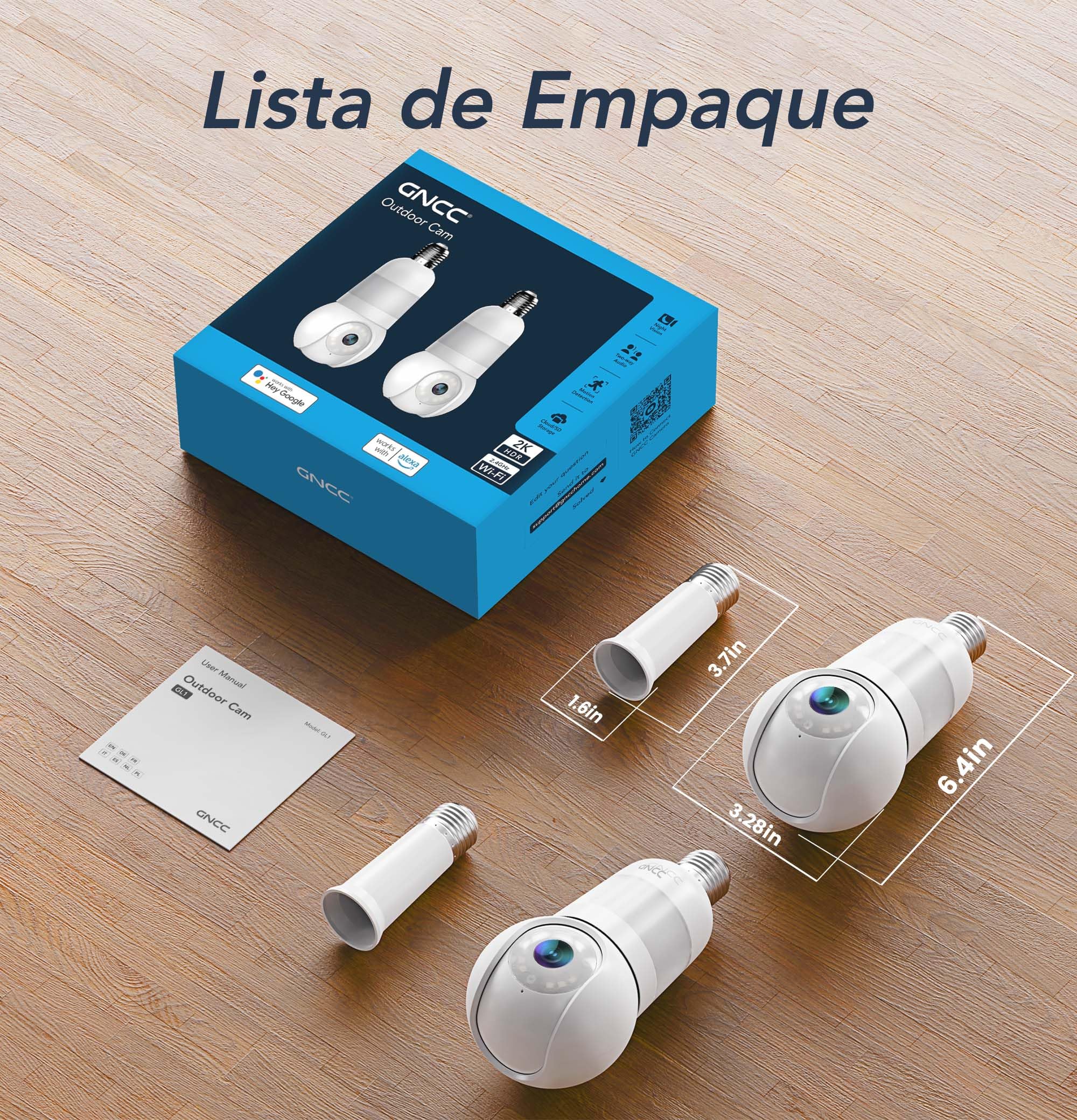 GNCC 2PCS Cámara Bombilla Vigilancia WiFi Interior/Exterior, 355° PTZ Cámara Bombilla E26/E27, 2K Visión Nocturna en Color, AI Detección, Compatible Alexa, Suscripción a la Nube/SD Card, 2.4Ghz WiFi