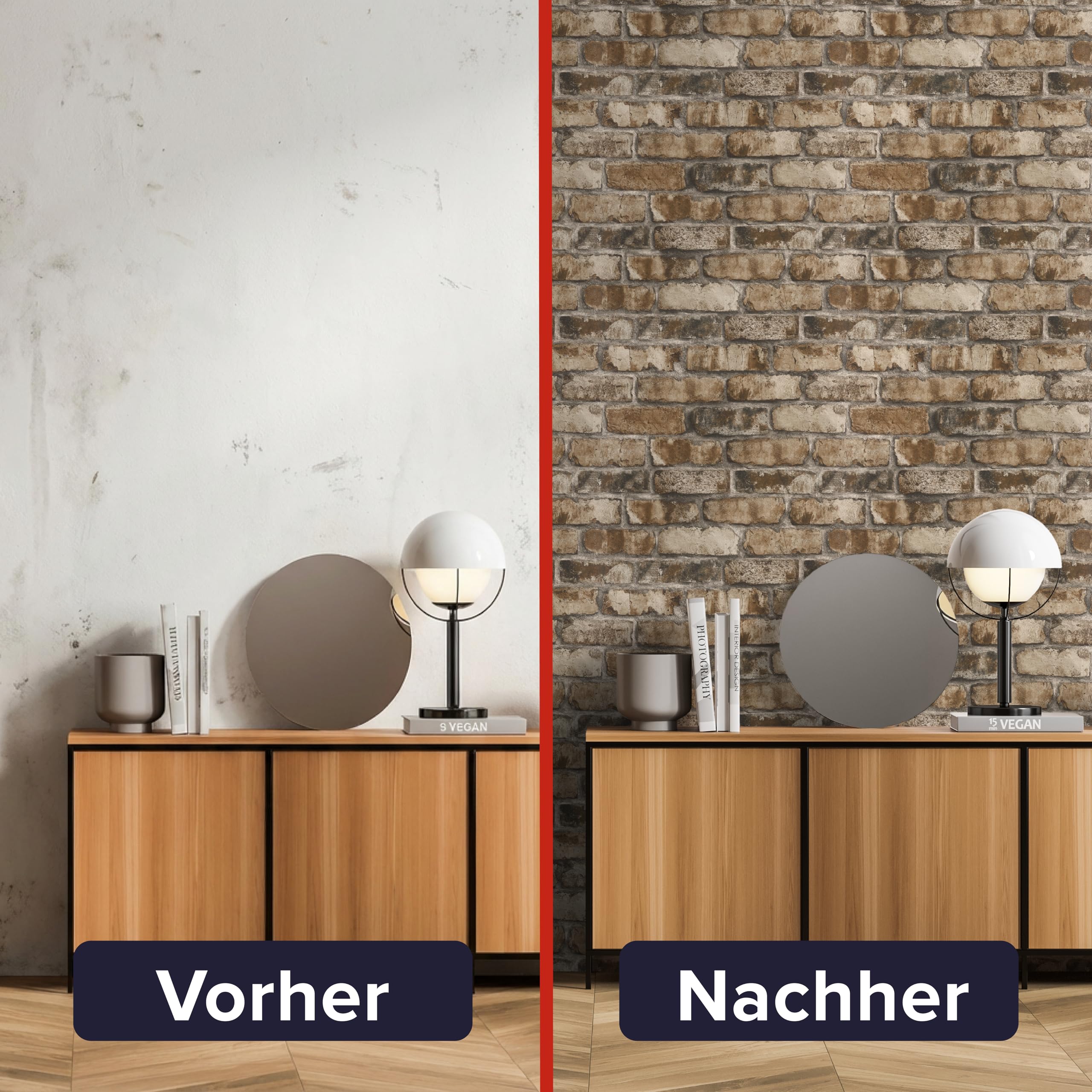 Rasch Selbstklebende Tapete Backstein Clayton - Strukturierte Vliestapete Steinoptik, Mauerwerk in Braun Beige - Einfaches Anbringen ohne Kleister mit tesa-Klebetechnologie - 6,00m x 0,53m