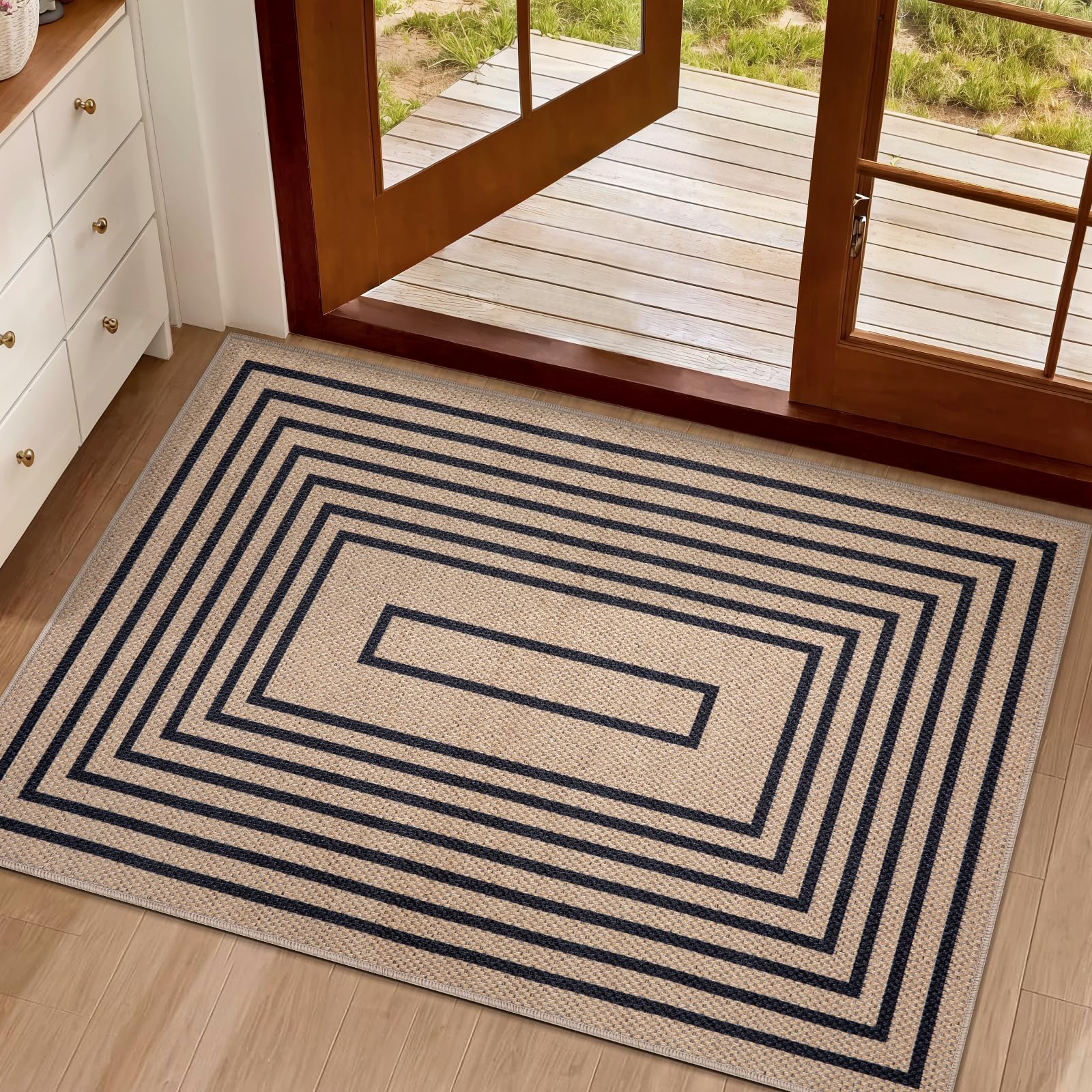 Tangsoo Geometric Easy Jute Rug 2x3 Washable Rug,Small Area Rug for Entryway,Non-Slip Black Thin Indoor Outdoor Door Mat Modern Farmhouse Carpet for