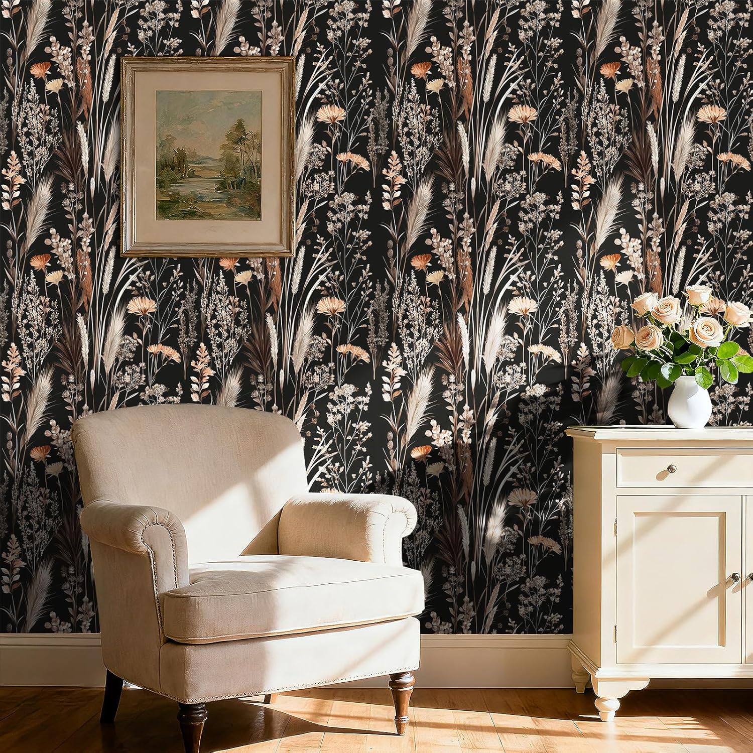17.5x393 Dark Moody Botanical Nature Peel and Stick Wallpaper Vintage Dark Floral Wallpaper Bedroom Rustic Cottage Core Farmhouse Black Botanical Contact Paper Self Adhesive Renter Friendly