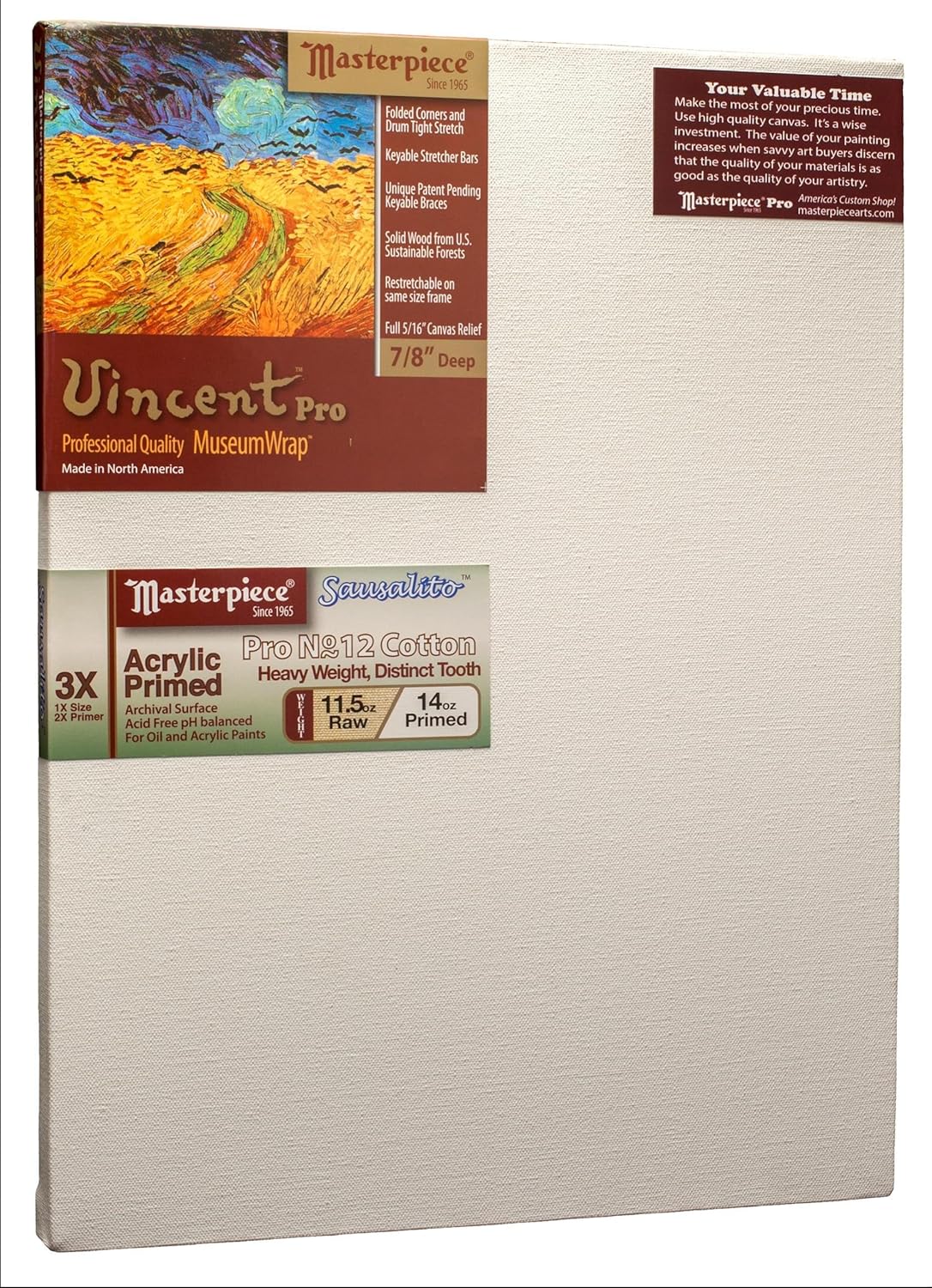 MASTERPIECE Z1VS-1626 Vincent Pro 7/8" Deep Sausalito Heavy Weight and Texture 14 oz Cotton Stretched Canvas 16" x 26" White 16" x 26" Cotton 14.0oz Sausalito Heavy Weight 1 Pack