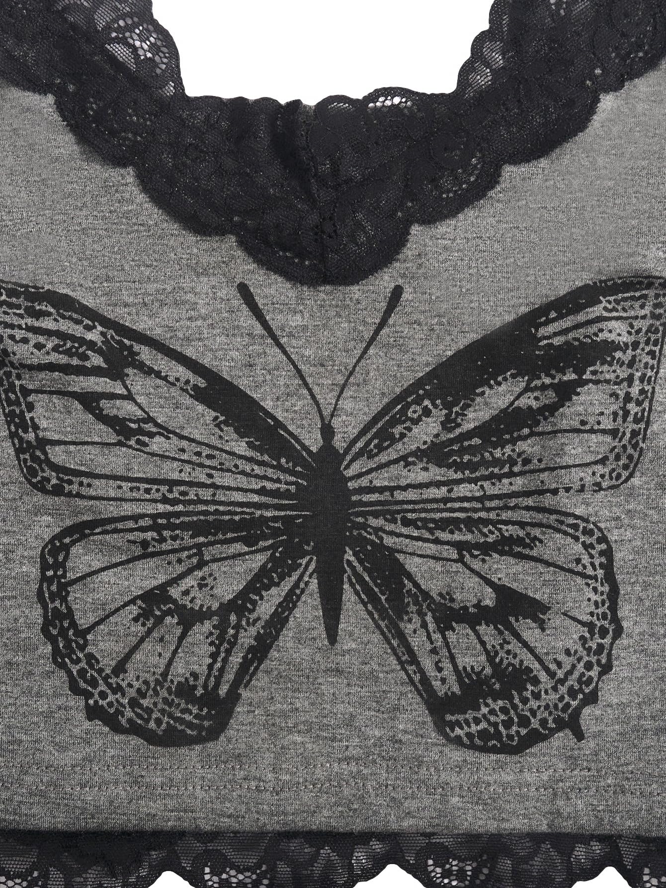 SHENHE Women's Butterfly Skull Print Contrast Lace Spaghetti Strap Sleeveless Cami Tank Crop Tops: Large Butterfly Grey