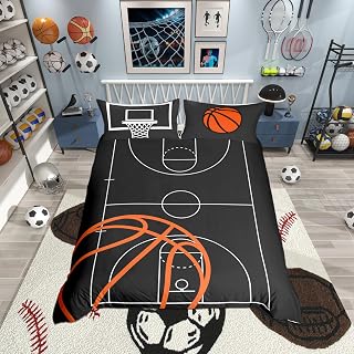 Basketball Court Print Bedding Set Twin Size,Ball Sports Games Themed Duvet Cover with 2 Pillowcases, Boys Game Room Decor Comforter Cover Orange Basketball and Hoop Quilt Cover Set (No Comforter)