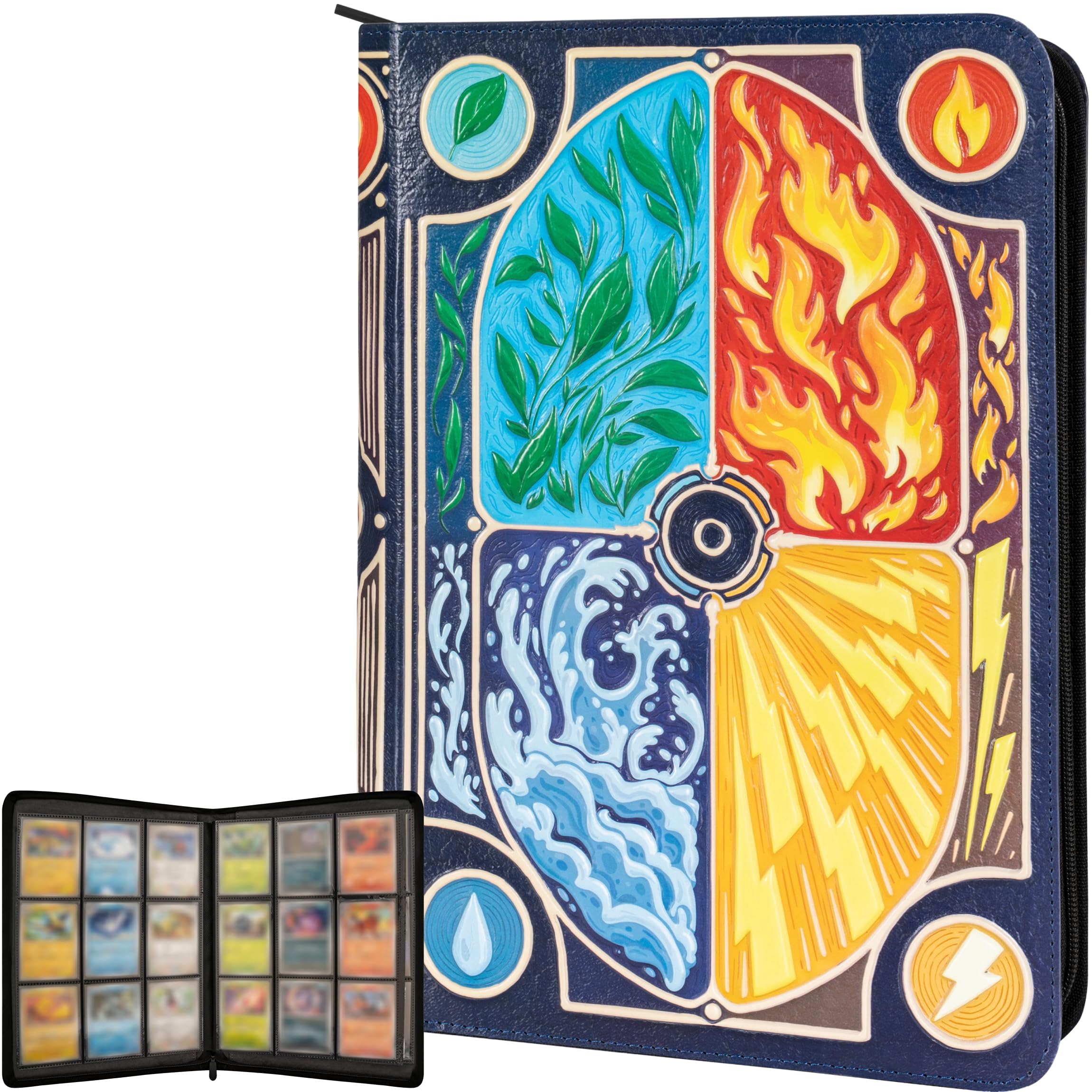 3D Card Binder for Pokemon - Stunning 3D Raised Elemental Design in PU Leather with Zipper - Includes 9 Pocket Pages for 360 Cards. Great Sleeve Album/TCG Holder/Trading Card Collection Book Gift.