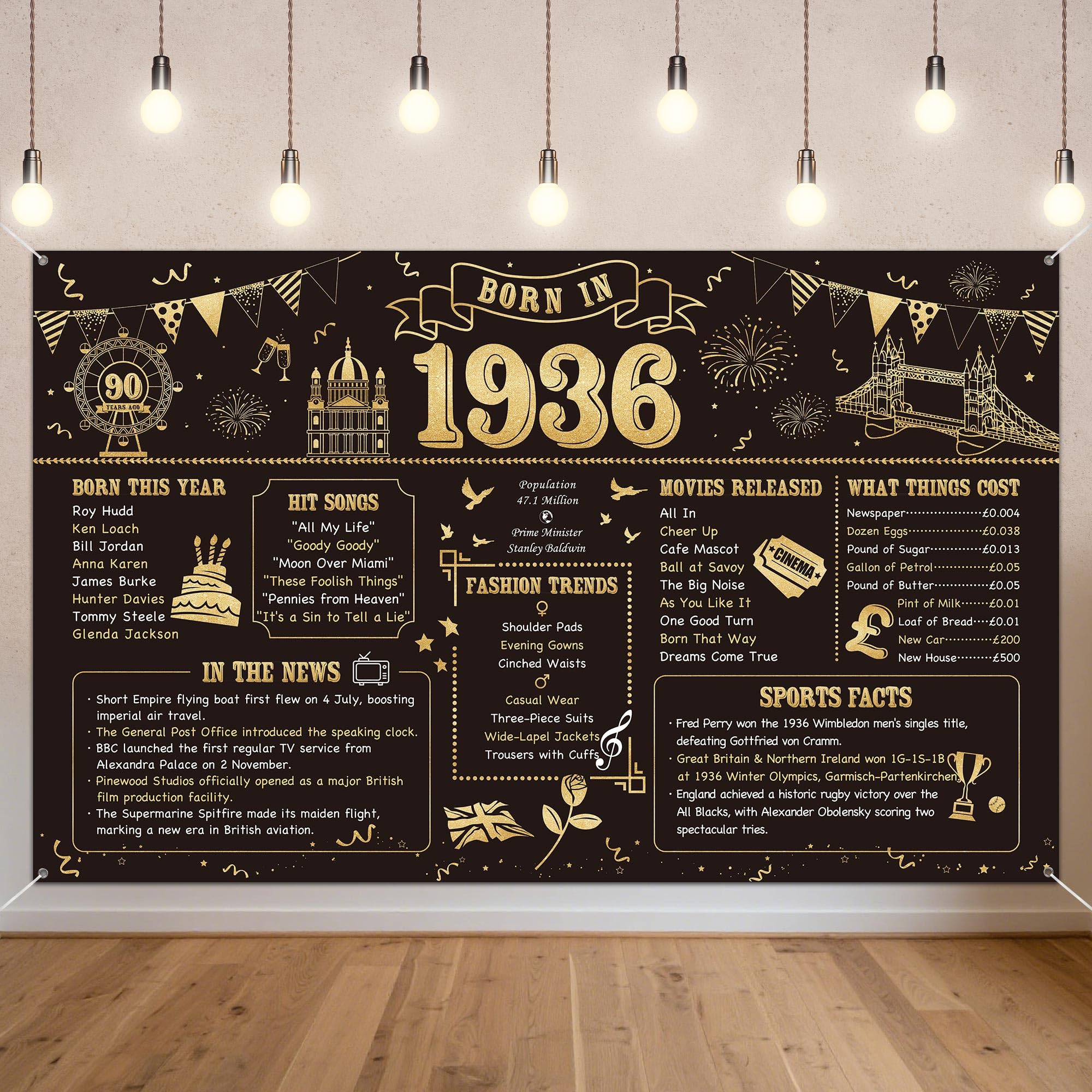 Benjia 90th Birthday Banner Decorations for Men Women Born in 1936 UK Background Happy 90 Years Old Birthday Backdrop Cheers to 90 Years Banners Black Gold Poster Bday Gift Home Decor Party Supplies