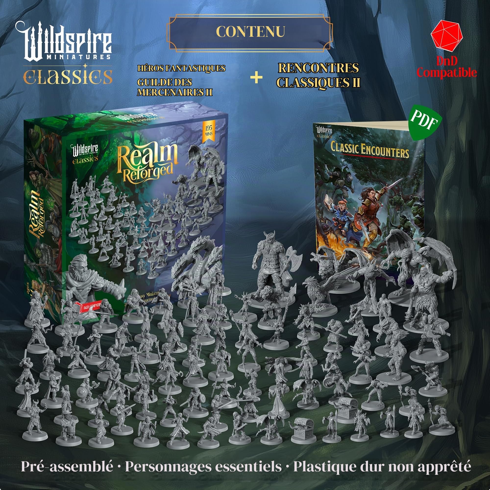 The Realm Set – Version grise – 195 DND Minis – Héroes, Monstres, PNJ pour miniatures D&D, dragons donjons de 28 mm en vrac, figurines D&D I Pathfinder, Realm Reforged