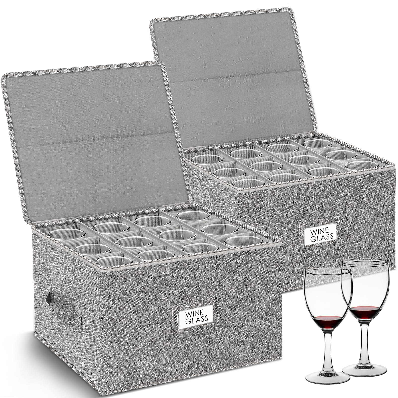Nestwerk Wine Glass Storage Box 2-Pack, Stemware Container Cases, Stackable W/Hard Shell Top Sides Bottom, Moving Supplies, China Storage Containers For 24 Crystal Glasses Drinkware 9.2'' Tall