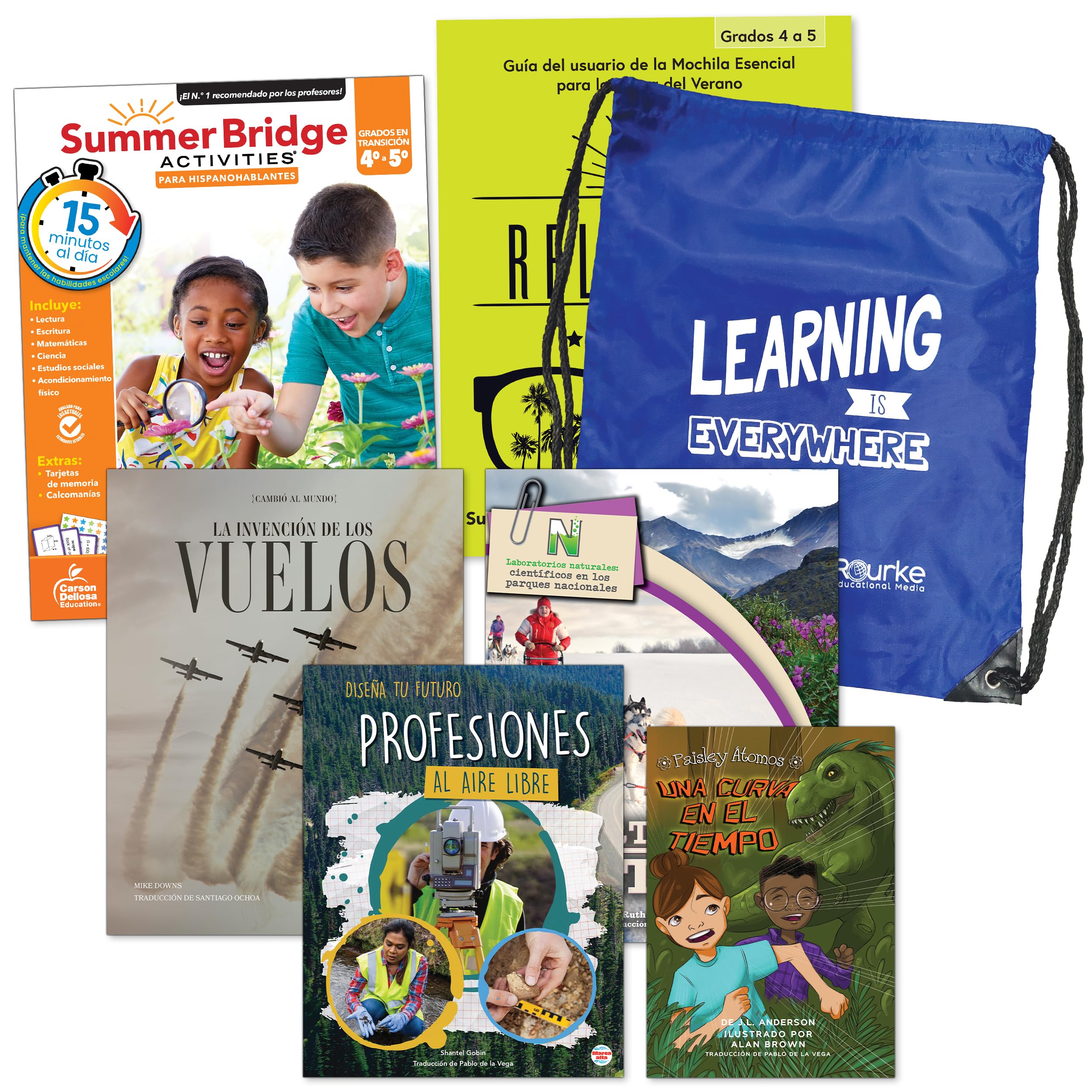 Summer Bridge Activities Grades 4-5 Spanish Summer Learning Backpack, Spanish Language 4th Grade to 5th Grade Workbook All Subjects, Flash Cards, and Nonfiction & Fiction Children's Books