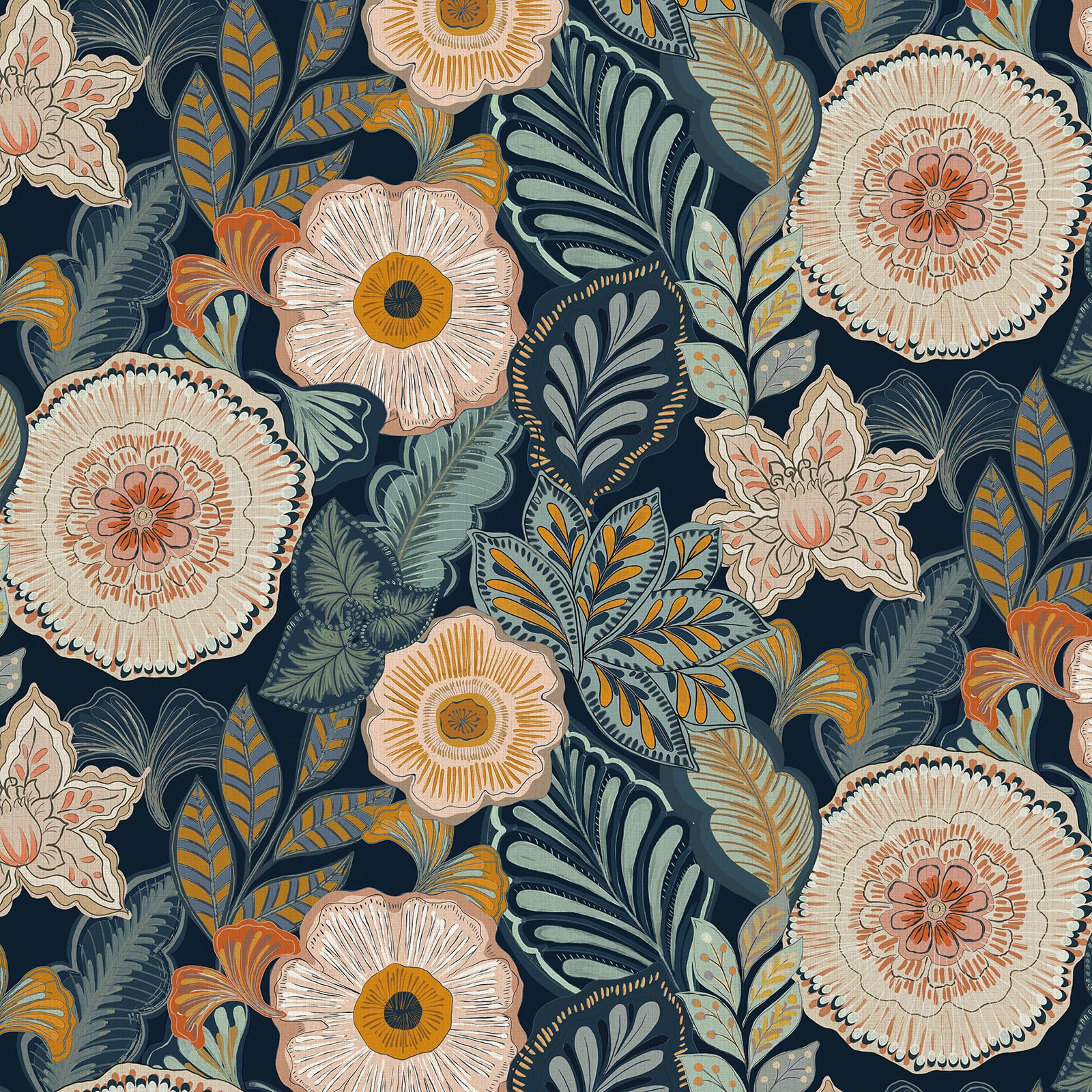 Timeet Self Adhesive Wallpaper Vintage Floral Peel and Stick Wallpaper 44x300cm Contact Paper Boho Navy Vinyl Wrap Waterproof for Bedroom Living Room Decorative Furniture Sticker Waterproof