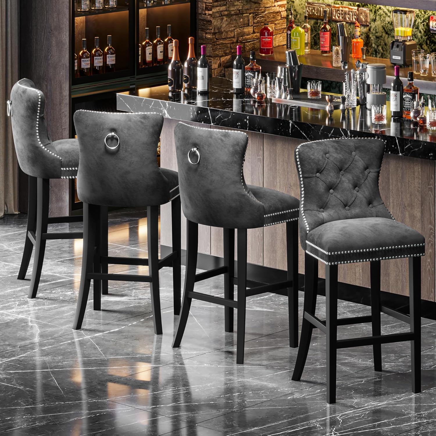 DKLGG Upholstered Counter Height Bar Stools Set of 2, Velvet Tufted Bar Stools with Back and Footrest, Farmhouse Kitchen Island Stools Dining Room Chairs, 27.2''H, Chrome Nailhead Trim(Grey)