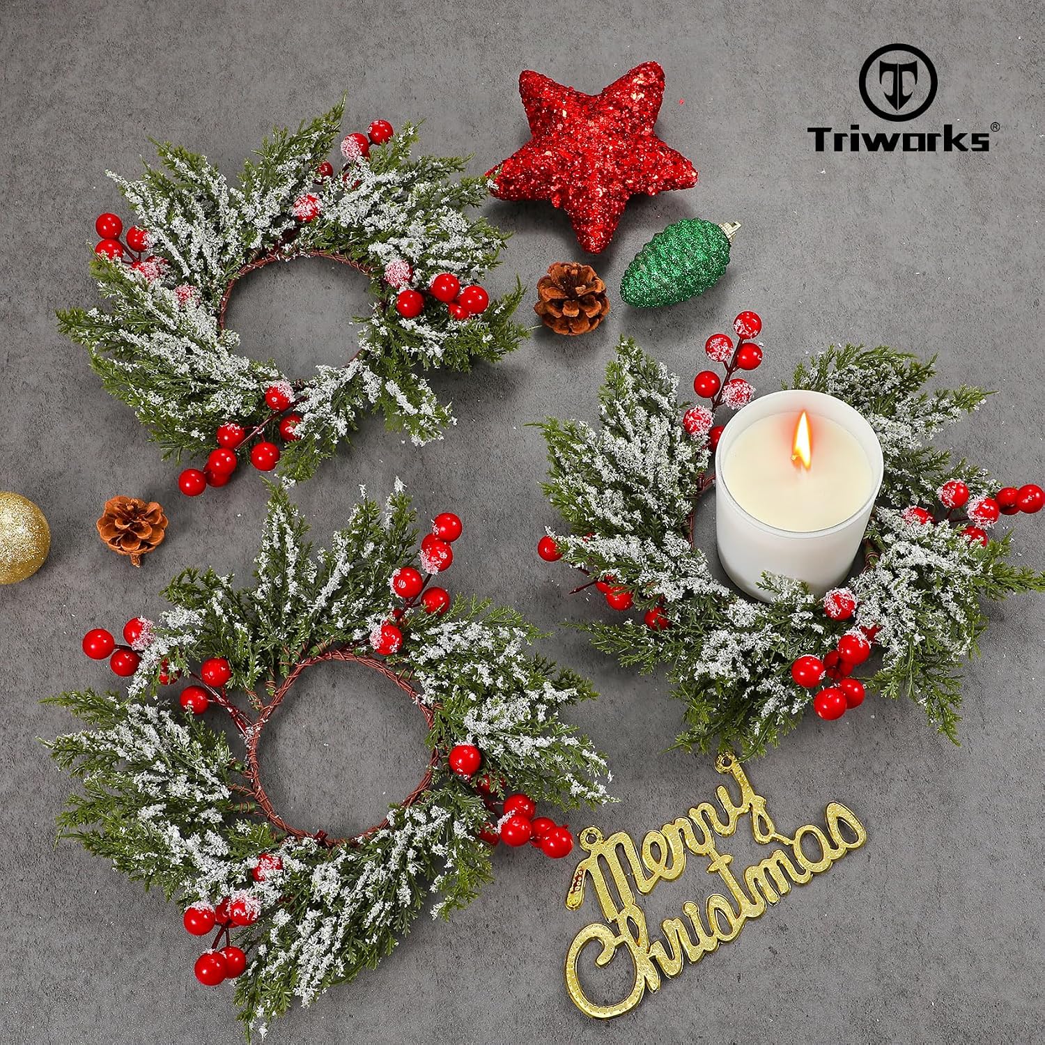 TRIWORKS 4 Pcs Christmas Candle Rings Wreath Pine Garland Red Berry Mini Cabinet Wreaths Artificial Snowy Wreath Candle Ring Holder for Christmas Table Centerpiece