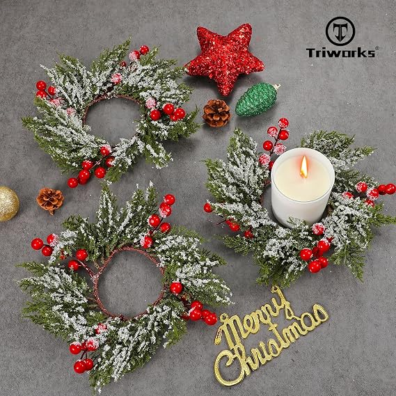 TRIWORKS 6 Pcs Christmas Candle Rings Wreath Red Berry Mini Cabinet Wreaths Artificial Snowy Wreath Candle Ring Holder for Christmas Table Centerpiece