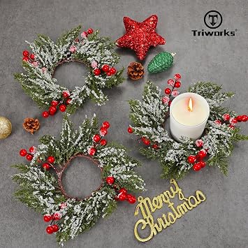 TRIWORKS 6 Pcs Christmas Candle Rings Wreath Red Berry Mini Cabinet Wreaths Artificial Snowy Wreath Candle Ring Holder for Christmas Table Centerpiece