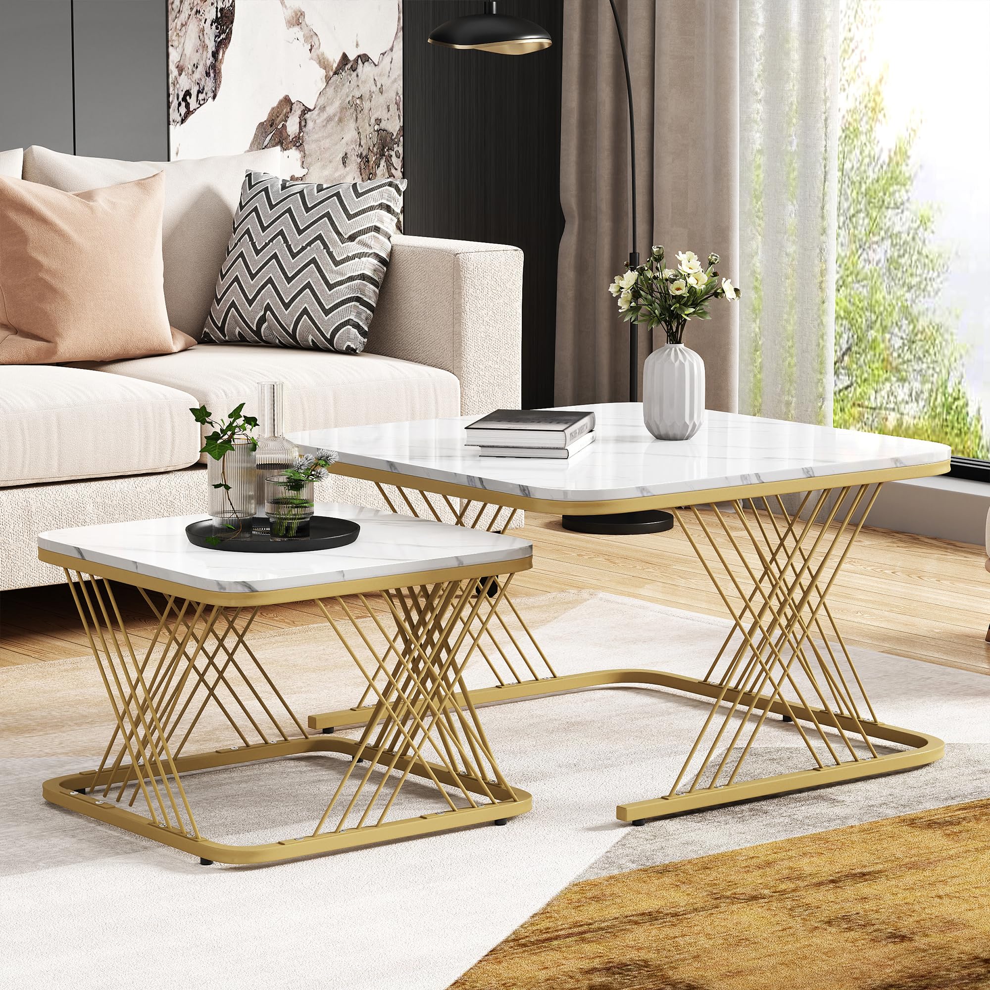 ModernLuxe Nest of Tables for Living Room, Elegant Square Coffee Tables with Gold Metal Frame Legs and Marble-Pattern White Tops, Multi-Functional Design, White and Gold, 70×70×43cm + 50×50×36.5cm