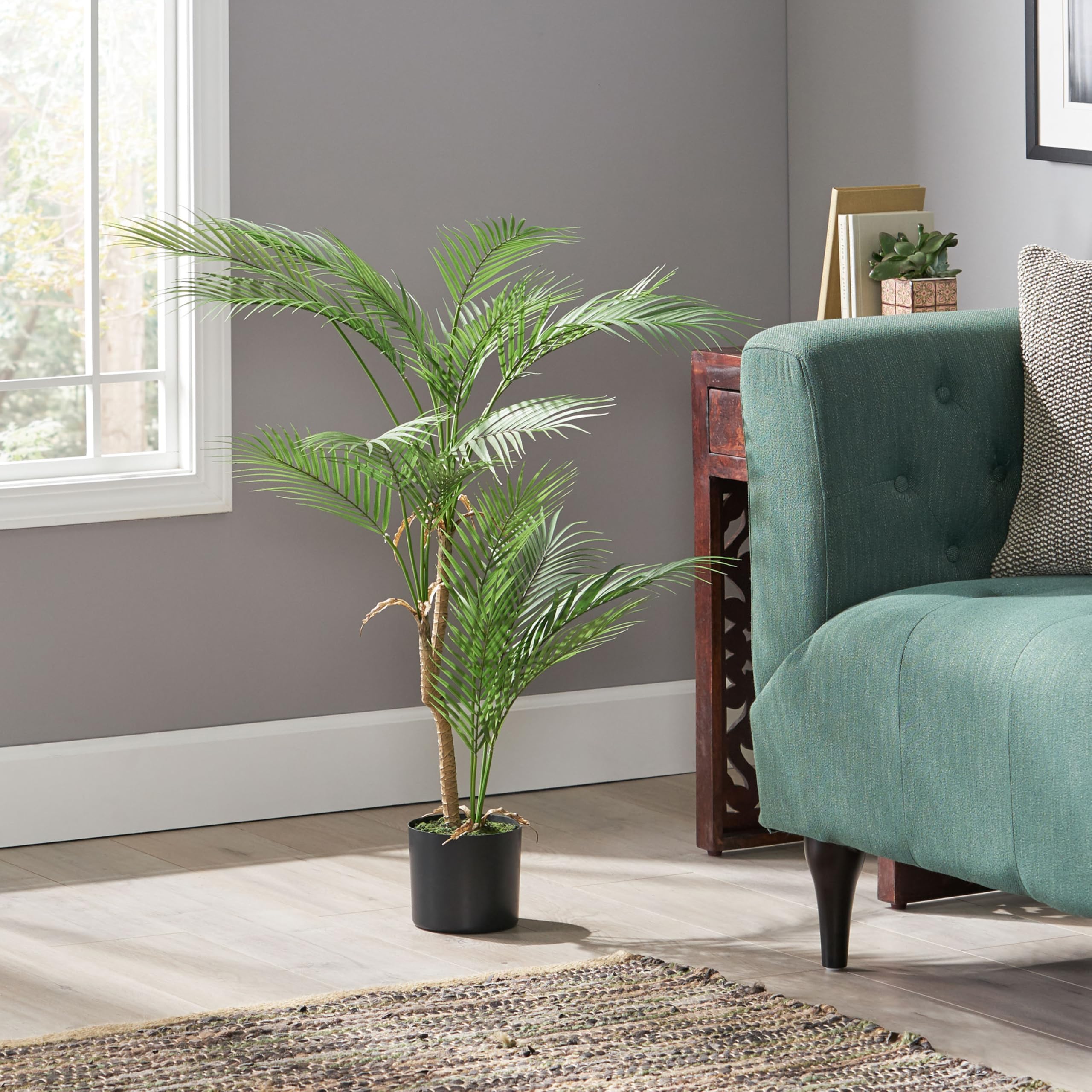 artificial palm tree, faux tropical indoor plant, green, 40 inch tall, potted in black planter