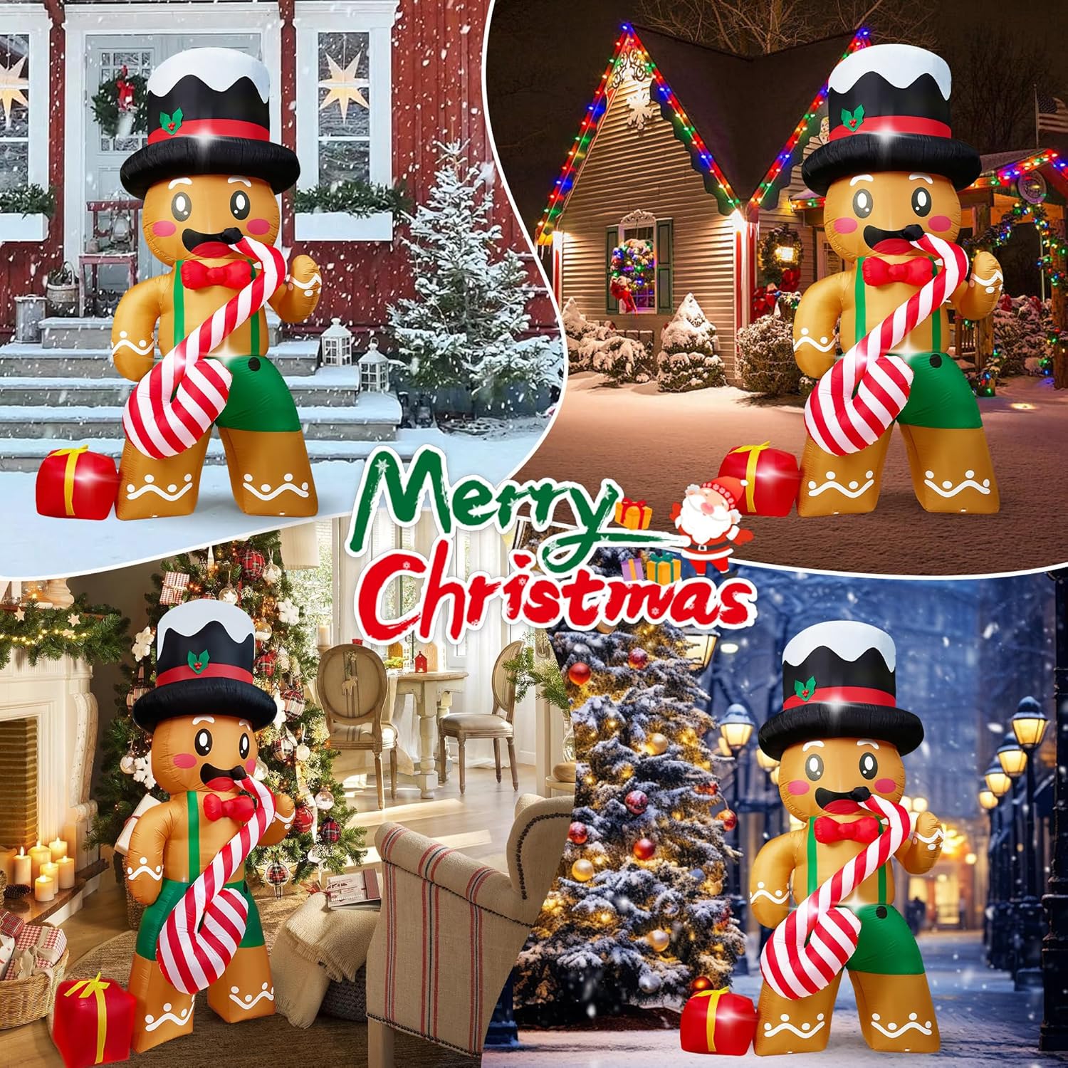 8 FT Christmas Inflatables Decorations with Built-in LEDs, Gingerbread Man Playing Candy Cane Saxophone Blow-Up Christmas Inflatable Yard Decoration with Gift Box for Outdoor Indoor Holiday Display
